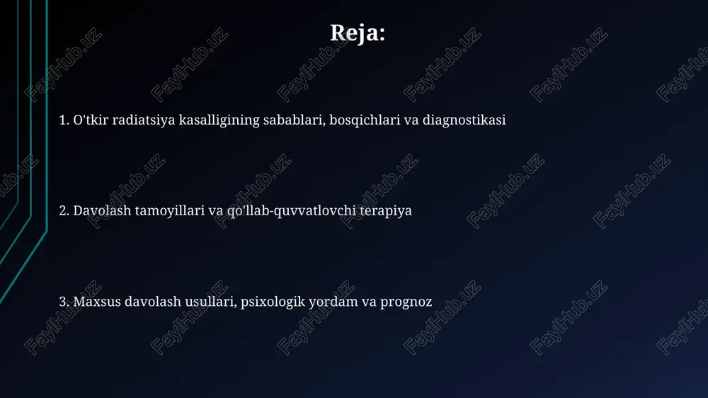 zish va o'tkinchi davolash gematopoetik o'tkazish (suyak ko'migi transplantatsiyasi) og'ir arsda gematopoetik tizimni tiklash uchun zarur, ayniqsa 4-6 gy dozada ta'sirlanganda, o'z-o'zini tiklash ehtimoli kam bo'lganda. o'tkinchi davolash arsda hayotni saqlab qolish uchun o'ta muhim, asosiy maqsad - bemorning ahvolini transplantatsiyaga qadar barqarorlashtirish, infeksiyalarning oldini olish va organ yetishmovchiligini boshqarish. psixologik yordam, prognoz, oldini olish va radiatsiya himoyasi psixologik yordam radiatsiya ta'siridan keyin muhim, xususan, xavotirlik va tushkunlikni kamaytirish uchun kognitiv xulq-atvor terapiyasi (kxt) va guruhli maslahatlar foydali bo'lishi mumkin. prognoz radiatsiya dozasiga bog'liq; 1-2 gy dozasi bilan omon qolish darajasi yuqori, 6 gy dan yuqori dozalarda esa gematopoetik transplantatsiyadan keyin ham sezilarli darajada kamayadi. e'tiboringiz uchun rahmat image1.png image2.jpg image3.jpg image4.jpg image5.jpg image6.jpg image7.jpg