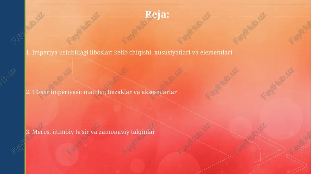 larda gullab-yashnagan. ular oq muslin gazlamalariga oq ip bilan 1-2 sm hajmdagi gul naqshlari tushirilgan holda namoyon bo'lardi. 19-asr boshlarida ko'ylaklarning etagiga tilla yoki kumush rangdagi lentalar tikilgan. bu lentalar ko'ylakning umumiy qiyofasiga hashamat va 3-5 mm yaltiroqlik qo'shgan. aksessuarlar: obrazni to'ldirish 19-asr boshlarida ayollar ko'pincha qisqa qo'lqoplar kiyishgan, ular ko'ylakning yengsiz yoki kalta yenglari bilan yaxshi uyg'unlashgan va obrazga nafislik qo'shgan. shol ro'mollari, ayniqsa kashmir shollari, 1800-yillarning boshlarida juda mashhur bo'lgan, qo'shimcha issiqlik bergan va empire uslubidagi ko'ylakning yuqori bel chizig'ini ta'kidlagan. ijtimoiy ta'sir va ma'no: libos orqali ifoda empire uslubidagi ko'ylaklar, ayniqsa 1790-1820 yillarda, klassik ideallarga qaytishni anglatib, aristokratiyaning qattiq korsetlaridan ozodlik timsoli sifatida xizmat qildi. ko'ylakning yuqori beli ayollarning tabiiy shakllarini ta'kidlab, ularning siyosiy va ijtimoiy emansipatsiyasiga ishora qilib, 19-asr boshlarida yangi qiyofani yaratdi. mashhur misollar: davr ikonalarining tanlovi napoleonning rafiqasi jozefina de bogarn imperiya uslubidagi liboslarning 1790-yillarning oxiridan 1810-yillargacha bo'lgan dastlabki yillarida asosiy tendensiya o'rnatuvchi edi, …