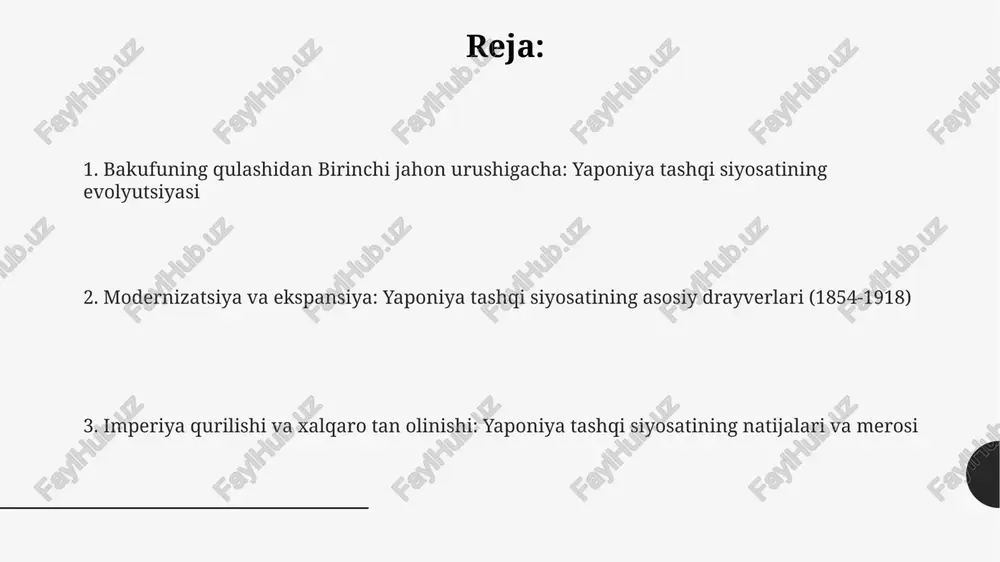 ngaytirishga va koreyani nazorat qilishga imkon berdi. diplomatiya va kuch: xalqaro arena yaponiya g'arb davlatlari bilan noteng shartnomalarni qayta ko'rib chiqish uchun diplomatiyadan foydalangan, bu esa 1894-1911 yillarda shartnomalarni qayta ko'rib chiqishga olib keldi va yapon suverenitetini mustahkamladi. 1895-yilgi uchlik interventsiya yaponiya ustidan yevropa davlatlarining kuchini ko'rsatdi va yaponiyani liaodong yarim orolidan voz kechishga majbur qildi, bu esa uning tashqi siyosatiga ta'sir qildi. rossiya-yaponiya urushi (1904-1905) yaponiya qudratining yevropalik davlat ustidan birinchi yirik harbiy g'alabasi bo'ldi va yaponiya xalqaro nufuzini sezilarli darajada oshirdi. tashqi siyosatning ichki dvigatellari zaiflashtirilgan iqtisodiyotni tiklash ichki siyosatda asosiy masala edi. tashqi siyosat savdo imkoniyatlarini qidirish va resurslarni ta'minlash, ayniqsa 1890-yillarda muhim rol o'ynadi. milliy birlik zarurati meiji elitasi uchun asosiy turtki bo'ldi. bakufu qulagandan keyin, ular milliy birdamlikni tashqi tahdidlarga qarshi modernizatsiya qilish va mustahkamlashga intildilar. harbiy islohotlarga asosiy urg'u berildi, chunki samuray sinfi kuchini tiklash zarur edi. yaponiya armiyasi va dengiz flotini 1904-1905 yillardagi …