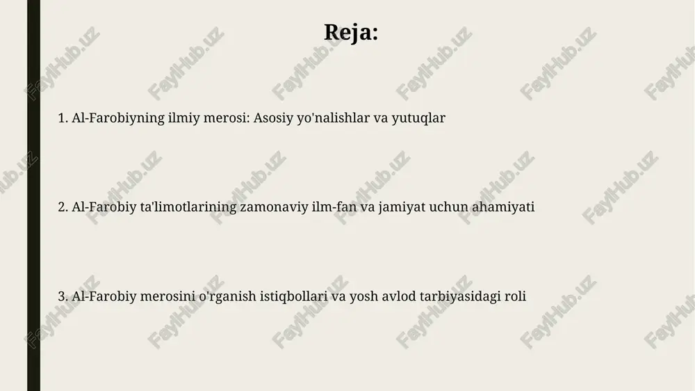 gi uchun 3 ta asosiy yo'nalishda xizmat qiladi. fan sohasidagi yutuqlari va musiqa nazariyasi al-farobiy optika sohasida yorug'likning tarqalishi va sinishi haqida muhim kuzatuvlar qilgan, shuningdek, vizual illyuziyalarni tushuntiruvchi 5 ta asosiy omilni aniqlagan. u musiqa nazariyasida interval, ritm va ohang kabi elementlarni matematik asosda tahlil qilib, musiqiy asboblar, xususan, ud (lute) haqida batafsil ma'lumot bergan. axloqiy, tibbiy va psixologik qarashlari al-farobiy axloqiy ta'limotida baxtga erishish 2 bosqichda amalga oshadi: nazariy bilim va amaliy harakatlar. u fazilatli axloqni 4 qismga bo'ladi: donolik, iffat, shijoat va adolat. al-farobiy tibbiy qarashlarida sog'liqni saqlash uchun 6 omilni muhim deb biladi: havo sifati, oziq-ovqat, jismoniy faollik, hissiy holat, uxlash tartibi va shaxsiy gigiena. bu 10-asr uchun innovatsion edi. zamonaviy ilm-fan va falsafaga ta'siri al-farobiyning ilm-fan tasnifi va bilish nazariyasi zamonaviy fan falsafasiga, xususan, fanlararo tadqiqotlarga 21-asrda ham ta'sir ko'rsatmoqda. uning mantiqiy yondashuvlari, ayniqsa, kategoriyalar va deduktsiya bo'yicha ishlari 20-asr mantig'i va kompyuter faniga sezilarli …