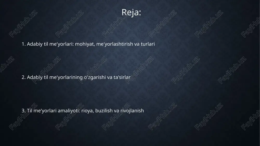va grammatik xususiyatlarni qabul qilishi mumkin, ammo bu xususiyatlar adabiy til me'yorlariga zid bo'lmasligi kerak, aks holda xato hisoblanadi. jargonlar, odatda, tor doiradagi odamlar tomonidan ishlatiladi, adabiy til esa keng doiradagi auditoriyaga mo'ljallanganligi sababli jargonlar adabiy tilga kamdan-kam hollarda kiradi. adabiy til dialekt va jargonlardan farqli o'laroq, aniq me'yorlarga ega, 1917-yilgacha boʻlgan adabiy tillarning xususiyatlarini oʻrganishda bu farqni hisobga olish muhim. til meʼyorlariga taʼsir etuvchi omillar dialektlar va jargonlar adabiy til me'yorlariga doimiy ta'sir ko'rsatadi, ulardan ba'zi elementlar ommalashib, adabiy tilga kirib boradi, bu jarayon 10-15 yil davom etishi mumkin. chet tillarning ta'siri sezilarli bo'lib, ayniqsa, globalizatsiya davrida leksik qatlamda 20-30% gacha o'zgarishlarga olib kelishi, yangi so'zlar va iboralarning kirib kelishiga sabab bo'ladi. ommaviy axborot vositalarining roli ortib borishi til me'yorlarining tez o'zgarishiga sabab bo'ladi, ayniqsa, internet va ijtimoiy tarmoqlarda 50% gacha me'yorbuzarlik holatlari kuzatilishi mumkin. meʼyor buzilishi va meʼyoriy xatolar fonetik xatolar meʼyor buzilishining bir turi boʼlib, 4 xil …