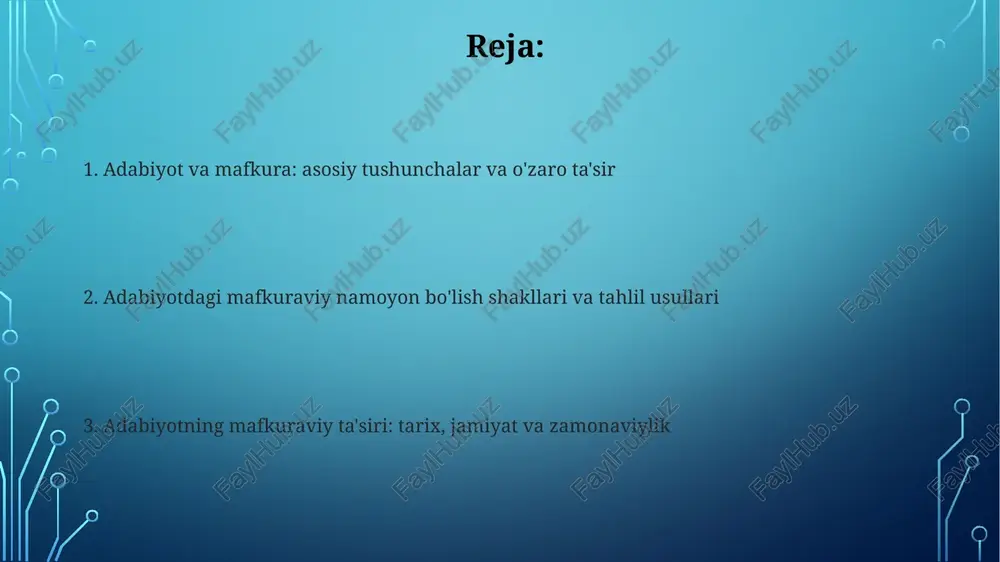 iyalashtirish yoki targ'ibot orqali boshqarishga urinadi. masalan, sovet davrida adabiyot 20-asrda marksistik mafkurani targ'ib qilish vositasi edi. adabiyotdagi mafkuraviy tahlil va dekonstruktsiya mafkuraviy dekonstruksiya matndagi 1-tartibli, ko'rinib turgan ma'nolarni shubha ostiga qo'yib, 2-darajali, yashirin g'oyalarni ochib beradi. adabiy tahlil mafkuraviy nuqtai nazardan asarning jamiyatdagi 3 xil hokimiyat tuzilmalari bilan bog'liqligini aniqlaydi. adabiyot orqali mafkuraviy ongni shakllantirish adabiyot, o'zining ta'sirchanligi orqali, auditoriyada muayyan dunyoqarashni shakllantirishi mumkin, masalan, utopik g'oyalarni targ'ib qilish yoki 1984 kabi distopik ogohlantirishlar orqali. adabiyotdagi qahramonlar va ularning tajribalari, ayniqsa yosh o'quvchilarning axloqiy tamoyillari va jamiyat haqidagi tasavvurlarini shakllantirishga sezilarli ta'sir ko'rsatishi mumkin, 5-10 yil ichida. e'tiboringiz uchun rahmat image3.jpg image4.jpg image5.jpg image6.jpg image7.jpg image8.jpg image9.jpg image2.png