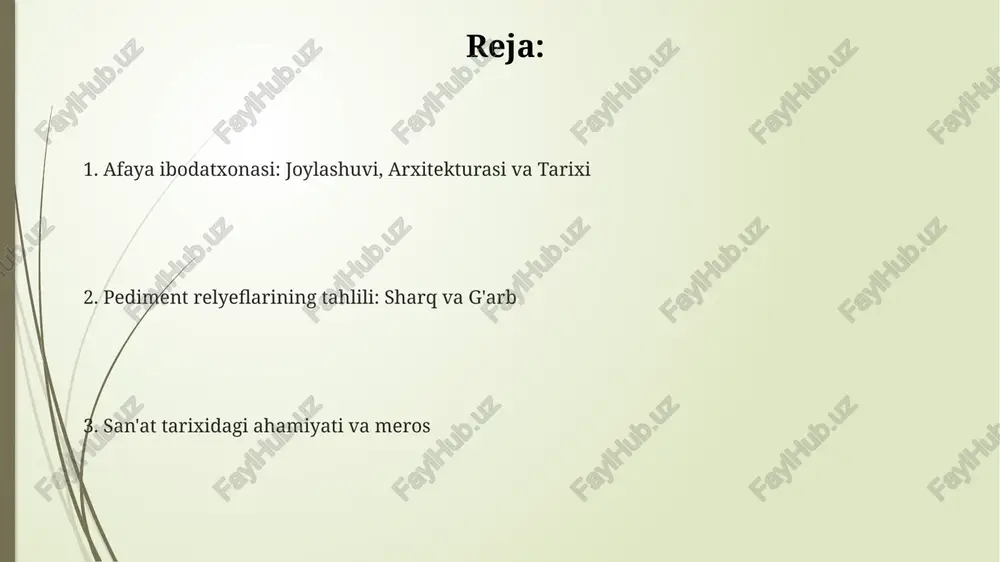 virlaydi, unda telamoniy ayaks ham ishtirok etadi va unda kamida 12 ta haykal bo'lgan. haykaltaroshlik uslublarining taqqoslash tahlili va sanasi haykaltaroshlik uslublarining taqqoslash tahlili sharqiy va g'arbiy pedimentlarda klassik davrga o'tishni aks ettiradi, g'arbiy pedimentda esa ko'proq arxaik xususiyatlar mavjud. pediment haykallarining sanasi, uslubiy tahlilga asoslanib, g'arbiy pediment miloddan avvalgi taxminan 500-490 yillarga, sharqiy pediment esa miloddan avvalgi 490-480 yillarga tegishli deb hisoblanadi. sharqiy pedimentning haykaltaroshlik uslubi ko'proq rivojlangan anatomiya va dinamik pozalarni namoyish etadi, bu esa miloddan avvalgi v asrning boshidagi san'atning rivojlanishini ko'rsatadi. sharqiy va g'arbiy pedimentlarning yaratilish vaqti haqidagi nazariyalar g'arbiy pediment 500-480-yillarda qadimgi attika uslubida yaratilgan, bunda unda afinaning ko'tarilishi va mintaqaviy gegemonligini namoyon qiladigan o'sha davrning ilg'or san'at namunalari aks etgan. sharqiy pediment miloddan avvalgi 500-490 yillarda yaratilgan degan taxmin bor, unda afaya ibodatxonasi va eginaning siyosiy ambitsiyalari haqida eskiroq uslub va mahalliy xususiyatlar aks etgan. pedimentlarning yaratilish vaqtida katta farq yo'q, ular miloddan avvalgi …