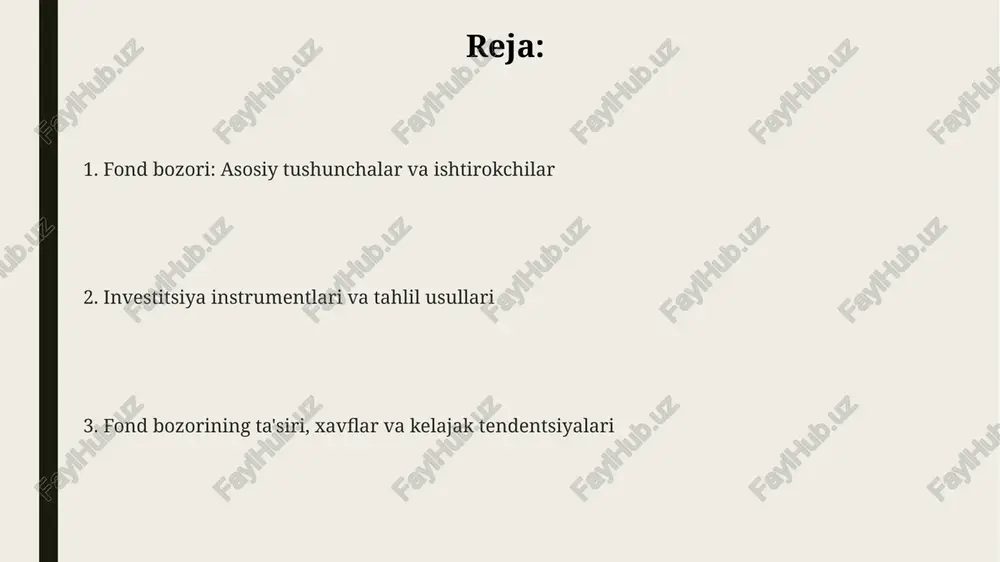 alan, korporatsiyalar va hukumatlar, o'z faoliyatini moliyalashtirish uchun aktsiyalar va obligatsiyalarni chiqaradi, bu esa bozor kapitalini shakllantirishda muhim rol o'ynaydi. aksiyalar aksiyalar kompaniyaning ustav kapitalidagi ulushni tasdiqlovchi qimmatli qog'ozdir. ular egalariga dividendlar olish va kompaniyani boshqarishda ishtirok etish huquqini beradi, aksiyaning bozordagi narxi o'zgaruvchan bo'ladi. oddiy aksiyalar egalariga ovoz berish huquqini beradi va kompaniyaning foydasidan dividendlar olish imkoniyatini taqdim etadi. imtiyozli aksiyalar esa ustuvor dividendlar to'lashni kafolatlaydi, lekin ovoz berish huquqi cheklangan bo'lishi mumkin. aksiyalar savdosi birlamchi bozorda (kompaniyalar aksiyalarni birinchi marta chiqarganda) va ikkilamchi bozorda (investorlar o'rtasida aksiyalarni sotish va sotib olish) amalga oshiriladi, bu bozorda narxlar talab va taklif asosida shakllanadi. obligatsiyalar va boshqa qimmatli qog'ozlar ipoteka bilan ta'minlangan qimmatli qog'ozlar (mbs) aktivlar bilan ta'minlangan qimmatli qog'ozlar (abs) kabi turli xil qimmatli qog'ozlar mavjud bo'lib, ular aktivlar pul oqimini investorlarga o'tkazadi. obligatsiyalar – bu emitent tomonidan qarzni tasdiqlovchi qimmatli qog’ozlar bo’lib, ular belgilangan muddatda foiz to’lash va asosiy …