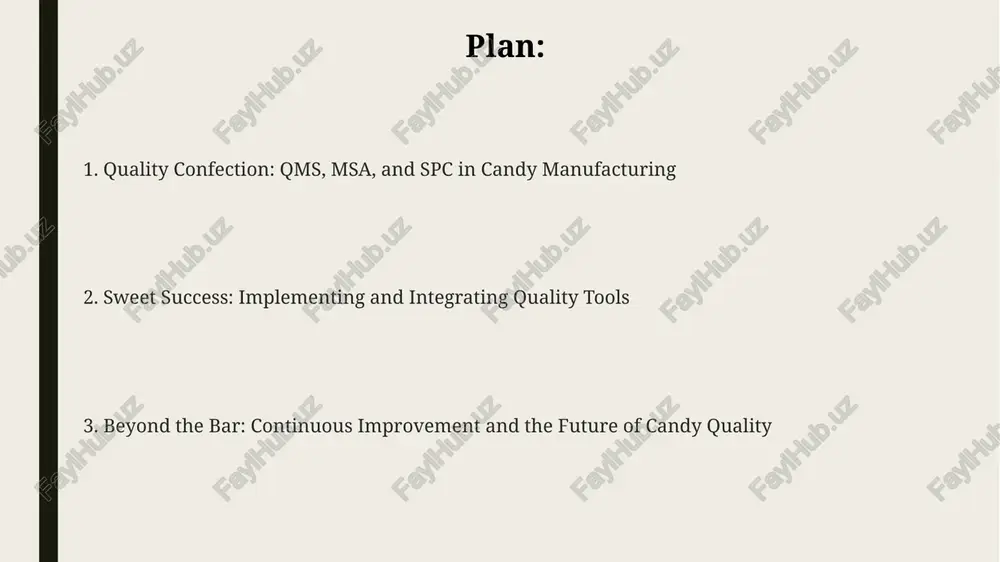producibility) assesses variability in measurements, crucial for candy weight, size, and color consistency; aims for %grr below 30%. bias analysis in msa quantifies systematic errors in measurement systems for parameters like sugar content; requires reference values to determine accuracy deviations, ensuring quality standards. statistical process control (spc) for consistent candy quality spc uses control charts, such as x-bar and r charts, to monitor crucial candy characteristics like weight (±0.5 grams) or color (δe < 2.0), detecting deviations from established control limits. implementing spc requires understanding process variation. common cause variation is inherent, while special cause variation signals assignable problems requiring investigation and corrective action for process stabilization. spc helps optimize candy production by identifying process shifts early. for example, a trend on an x-bar chart might indicate a need to adjust the depositing machine to maintain target weight within 10 grams. case studies & benefits: integrating qms, msa, and spc …