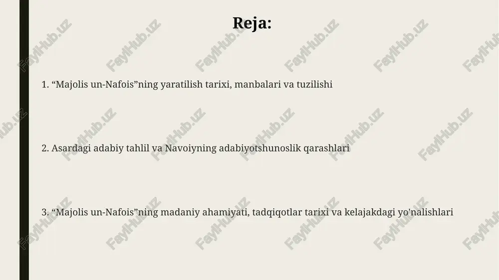 aydi. "majolis un-nafois"ning til xususiyatlari va poetik san'atlari "majolis un-nafois"da navoiy murakkab qofiyalar, ayniqsa tajnis va irsoli masallar kabi 20 dan ortiq poetik san'atlardan mahorat bilan foydalanadi. asarda eski o'zbek tilining leksik boyligi namoyon bo'ladi, arab va fors tillaridan o'zlashgan so'zlar 30%ni tashkil etib, uslubiy rang-baranglikni oshiradi. "majolis un-nafois"da 15 dan ortiq turli vazn va uslubdagi she'riy parchalar keltirilgan bo'lib, bu navoiyning poetik mahoratini ko'rsatadi. asarning madaniy, ijtimoiy ahamiyati va merosi asarda tasvirlangan ijtimoiy tuzilmalar, shoirlarning homiylik munosabatlari xvi asr va undan keyingi davrlardagi adabiyot va san'at rivojiga sezilarli ta'sir ko'rsatgan muhim omil hisoblanadi. “majolis un-nafois” xv asr madaniyatini aks ettirib, 450 dan ortiq shoirlar haqida ma'lumot berib, o'sha davr adabiy muhitini rekonstruksiya qilishda muhim rol o'ynaydi. navoiy asari klassik adabiyotning merosini saqlab qolish bilan birga, o'zbek adabiyoti va madaniyatiga qo'shgan hissasi orqali milliy o'zlikni anglashda muhim ahamiyatga ega. asar tadqiqi: sharhlar, tarjimalar va kelajak yo'nalishlari kelajakdagi tadqiqot yo'nalishlari navoiyning …