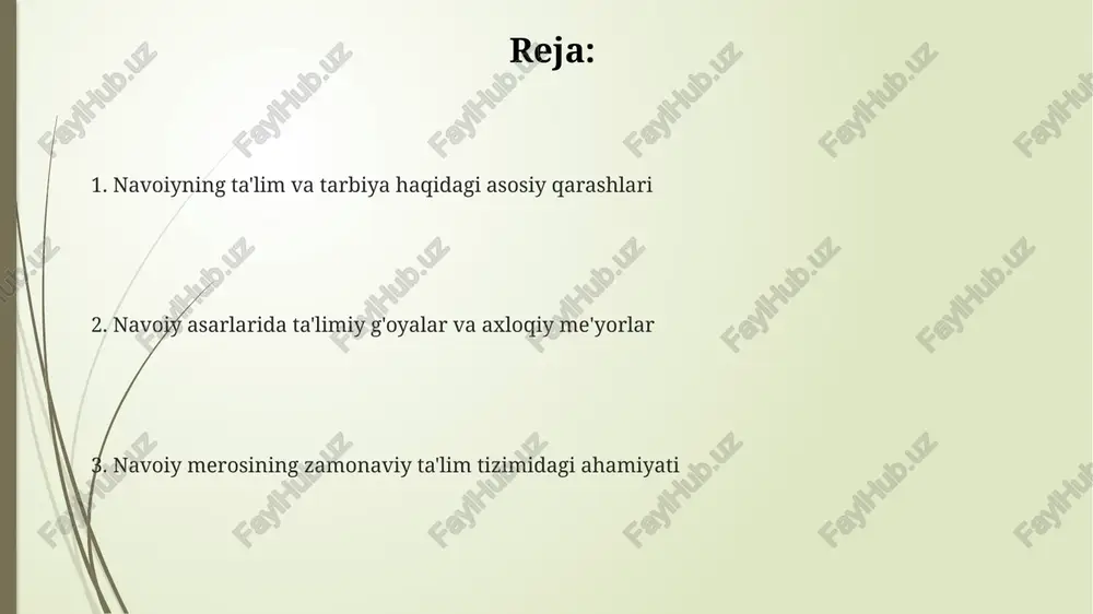 llantirish orqali jamiyat taraqqiyotiga hissa qo'shiladi. ustoz-shogird munosabatlari navoiy ustozni otadek hurmat qilishni targ'ib qilgan, shogirdning vazifasi esa o'z ustozining bilim va tajribasini o'rganish, uning nasihatlariga amal qilishdan iborat deb hisoblagan. navoiyning fikricha, ustoz shogirdiga nafaqat bilim berishi, balki unga odob-axloq qoidalarini o'rgatishi, uni to'g'ri yo'lga yo'naltirishi, komil inson bo'lib yetishishiga ko'maklashishi kerak edi. navoiy asarlarida ustoz va shogird o'rtasidagi munosabatlar o'zaro hurmat, ishonch va mehr-oqibatga asoslangan bo'lishi zarurligi, bunda ibratli namuna muhim ahamiyatga ega ekanligi ta'kidlangan. navoiy asarlarida ta'limiy g'oyalar "mahbub ul-qulub" asarida navoiy inson kamolotida 7 ta muhim sifatga urg'u beradi: aql, bilim, adolat, saxovat, shafqat, sabr va sadoqat, bular ta'lim orqali rivojlantiriladi. navoiyning "xamsa" asarida adolatli podshohning fazilatlari ta'lim orqali shakllanishi, xalq manfaatini o'ylash, ilmga intilish kabi 12 ta asosiy g'oyalar ilgari suriladi. "lison ut-tayr" dostonida insonning ma'naviy o'sishi uchun 9 ta asosiy fazilat zarurligi ta'kidlanadi, ularga mehr-muhabbat, sadoqat, xushmuomalalik kiradi va ta'limning o'rni beqiyos. tarbiyada oila …