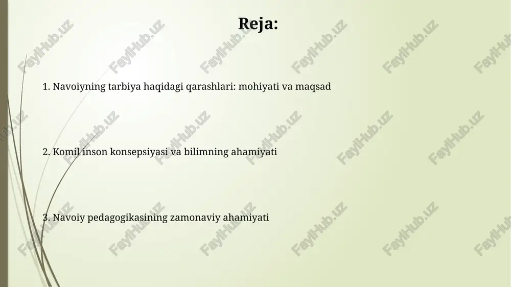 oqiy tarbiya 2 bosqichdan iborat: birinchisi yomon odatlardan voz kechish, ikkinchisi esa yaxshi fazilatlarni o'zida shakllantirish. bu 7 muhim fazilatni rivojlantirish orqali amalga oshiriladi. adabiyot va san'atning tarbiyaviy ahamiyati navoiy adabiyot va san'atni inson ruhini poklovchi, axloqiy fazilatlarni shakllantiruvchi 2 muhim vosita deb bilgan, ularning ta'sir kuchi nihoyatda yuqori ekanligini ta'kidlagan. uning nazarida, she'riyat va musiqa insonni nafosat olamiga yetaklab, 9 ta asosiy his-tuyg'ularini tarbiyalashga xizmat qiladi, yuksak did va dunyoqarashni rivojlantiradi. navoiy pedagogikasining zamonaviy ahamiyati navoiyning inson kamoloti konsepsiyasi, har bir shaxsning 360 daraja o'sishi, zamonaviy ta'limda shaxsga yo'naltirilgan ta'limning asosi sifatida dolzarb ahamiyatga ega. uning axloqiy tarbiyaga oid qarashlari, xususan, adolat va halollik kabi 9 ta asosiy fazilat, bugungi kundagi korruptsiyaga qarshi kurashda muhim ahamiyat kasb etadi. e'tiboringiz uchun rahmat image1.jpg image2.jpg image3.jpg image4.jpg image5.jpg image6.jpg image7.jpg