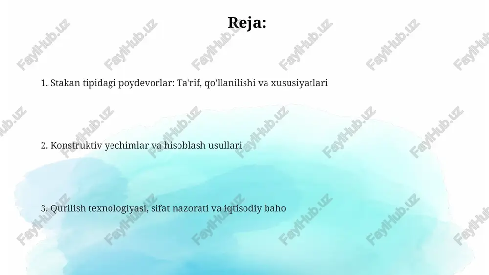 gacha) stakanlarga ega bo'lishi mumkin, bu esa yuk va grunt sharoitlariga bog'liq. stakan ichidagi ustunni mahkamlash uchun monolit betonlash, ankraj boltlaridan foydalanish yoki po'lat plitalar bilan biriktirish kabi bir nechta konstruktiv yechimlar qo'llaniladi. stakan poydevorlarining konstruktiv yechimi zilzila bardoshliligini oshirish uchun mustahkamlovchi to'rlar va qo'shimcha gorizontal bog'lamlar bilan kuchaytirilishi mumkin. materiallar tanlash armatura tanlashda a-iii (a400) va a-ii (a300) sinfli po'lat armaturalardan foydalaniladi. armatura diametri 12 mm dan 25 mm gacha bo'lishi mumkin, loyihaga qarab belgilanadi. beton sinfini tanlashda yuk hajmi va atrof-muhit sharoitlari hisobga olinadi, odatda b20 dan b30 gacha bo'lgan beton ishlatiladi. agregat sifatida mayda qum va 20-40 mm gacha shag'al ishlatilishi mumkin. gidroizolyatsiya materiallari sifatida bitum asosidagi mastikalar yoki zamonaviy polimer materiallar qo'llaniladi. suv o'tkazuvchanligi koeffitsienti 0.001 g/sm2/s dan kam bo'lgan materiallar tavsiya etiladi. hisoblash usullari qurilish mexanikasi usullari, xususan, chekli elementlar usuli (fem), poydevorning zo'riqish holatini va deformatsiyasini aniqlashda qo'llaniladi. poydevorning barqarorligi 1.2 dan kam bo'lmasligi …