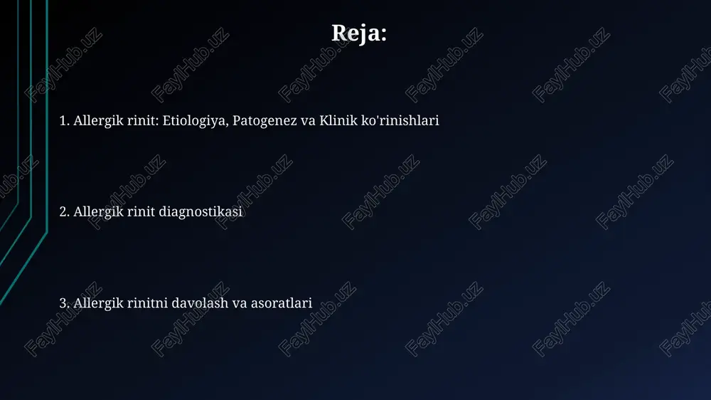 ochish, masalan, uy chang omillarini kamaytirish va mavsumiy allergiyalar uchun polen hisoblarini kuzatish, simptomlarni kamaytirishning birinchi bosqichidir. antigistaminlar, masalan, setirizin va loratadin, allergik rinit alomatlarini nazorat qilishda yordam beradi. ularni kuniga bir yoki ikki marta 24 soatgacha qabul qilish mumkin. allergik rinit asoratlari allergik rinit surunkali sinusitga olib kelishi mumkin, bu esa burun bo'shlig'i va sinuslarning yallig'lanishi bo'lib, 4 haftadan 12 haftagacha davom etishi mumkin va og'riqni keltirib chiqarishi mumkin. o'rta quloq infektsiyalari, ayniqsa bolalarda, allergik rinit tufayli yuzaga kelishi mumkin, chunki burun tiqilishi quloq va tomoqni bog'laydigan evstaxiy naychasining funktsiyasini buzadi. e'tiboringiz uchun rahmat image1.png image2.jpg image3.jpg image4.jpg image5.jpg image6.jpg image7.jpg