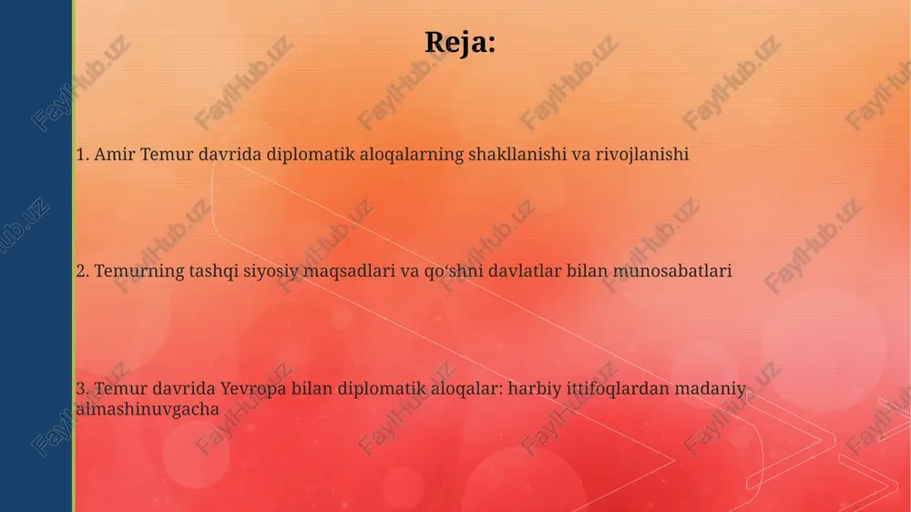 iy gegemonligiga barham berdi va uni bir nechta xonliklarga boʻlinishiga sabab boʻldi. chigʻatoy ulusi bilan munosabatlar murakkab edi, chunki temur hokimiyatni qoʻlga kiritdi, lekin chigʻatoy xonadonining ramziy vakillarini hokimiyatda saqlab qoldi, shu orqali siyosiy barqarorlikni taʼminlashga harakat qildi. temur va yevropa davlatlari o'rtasidagi aloqalar temurning yevropa davlatlari bilan aloqalari asosan harbiy-siyosiy xarakterga ega edi, chunki usmonli imperiyasi yevropa uchun tahdid solardi, shuning uchun temur yevropa davlatlari uchun tabiiy ittifoqchi boʻlgan. ispaniya qiroli genrix iii temurning samarqanddagi saroyiga elchisi rui gonsales de klavijoni yuborgan, u yerda temurning qudrati va boyligining shohidi boʻlib, 1403-1406 yillarda safarni batafsil yozgan. temur yevropa davlatlariga, xususan angliya va fransiya qirollariga maktublar yuborgan, ularda usmonlilarga qarshi birgalikda harakat qilish taklifini bildirgan, bu esa siyosiy va harbiy hamkorlik qilishga chaqiruv edi. harbiy ittifoqlar va savdo aloqalari temur savdo aloqalarini buyuk ipak yo'li bo'ylab nazoratni kuchaytirish orqali rivojlantirdi, bu esa 15-asrda markaziy osiyoda iqtisodiy o'sishni rag'batlantirdi. temurning harbiy ittifoqlari …