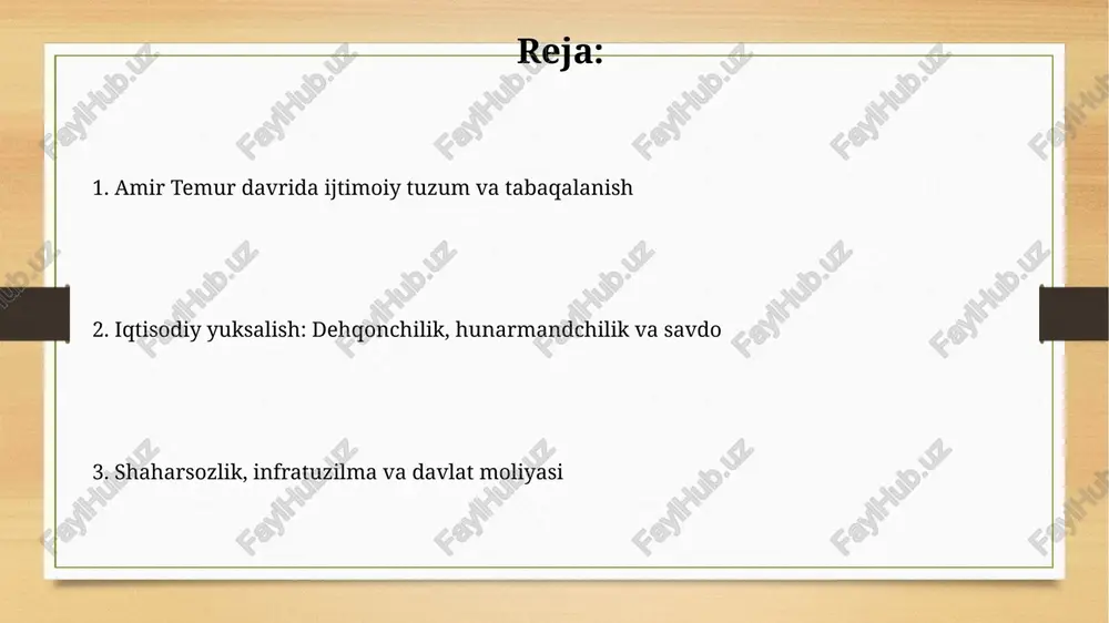 a markaziga aylantirishga qaratilgan bo'lib, ulkan masjidlar, madrasalar va bog'lar qurilishi bilan ajralib turadi, bu esa aholining keng ko'lamli joylashuviga olib keldi. temuriylar davrida irrigatsiya tizimi rivojlanishi qishloq xo'jaligi mahsuldorligini oshirdi. kanallar va suv omborlari qurilishi natijasida sug'oriladigan yerlar maydoni sezilarli darajada kengaydi. soliq tizimi va davlat byudjeti temurning soliq tizimi turli xil bo'lib, yer, savdo va chorvachilikdan soliqlarni o'z ichiga olgan hamda davlat byudjetiga katta hissa qo'shgan. undan armiya va infratuzilmani moliyalashtirishda foydalanilgan. temuriylar davrida davlat byudjeti asosan soliqlar, o'lja va boshqa daromadlardan shakllantirilgan. bu mablag'lar armiyani saqlash, qurilish ishlari va saroy xarajatlariga sarflangan. madaniyat va ilm-fanning iqtisodiy ta'siri temurning homiyligi ostida gullab-yashnagan ilm-fan va san'at xalqaro savdoni rag'batlantirib, samarqand va hirot kabi shaharlarni 15-asrda iqtisodiy markazlarga aylantirdi. ulug'bekning astronomik kuzatuvlari va ilmiy ishlari xaritalar tuzishni yaxshilab, karvon yo'llarini xavfsizroq qilib, savdo hajmini taxminan 20 foizga oshirdi. e'tiboringiz uchun rahmat image7.jpg image8.jpg image9.jpg image10.jpg image11.jpg image3.png image4.png