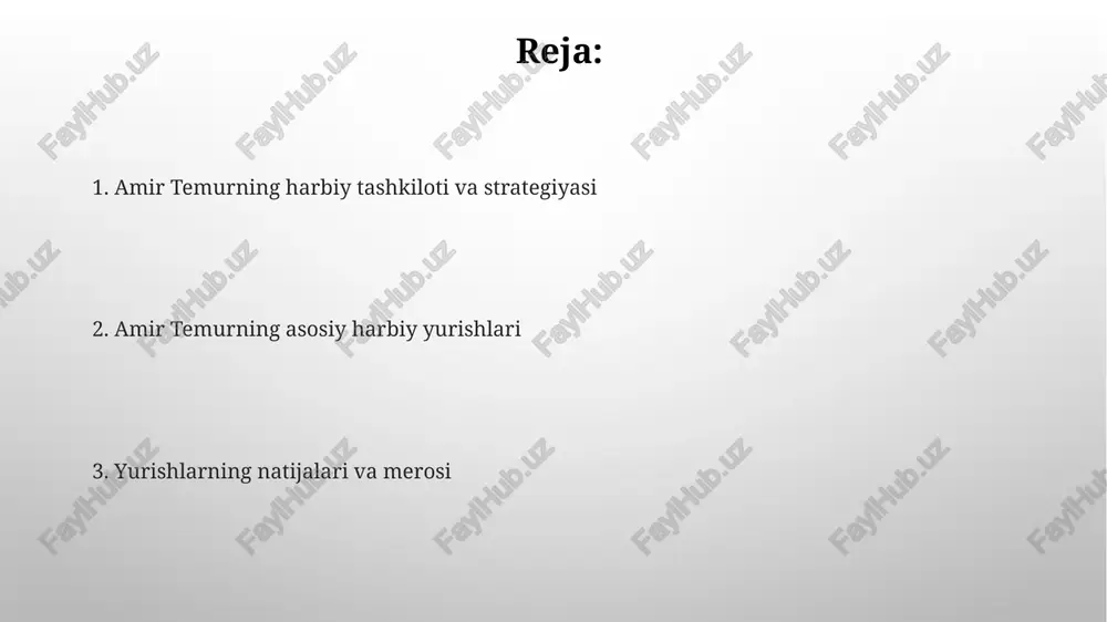 da 80 000 dan ortiq asir qatl qilindi va tamerlan o'zining ulkan g'alabasi uchun katta o'lja to'pladi. suriya-misr yurishi 1400-1401-yillarda mamluklar ustidan hal qiluvchi g'alabaga olib keldi, damashq talon-toroj qilindi va mintaqadagi siyosiy kuch muvozanati o'zgardi. usmonli imperiyasi bilan urush anqara jangi 1402-yilda bo'lib o'tgan bo'lib, unda temur usmonli sultoni boyazid i ni qattiq mag'lub etdi va bu usmonli imperiyasida 11 yillik hokimiyatlararo davrga olib keldi. temurning usmonlilarga qarshi yurishi asosan siyosiy raqobat va savdo yo'llari ustidan nazorat o'rnatishga qaratilgan edi, bu har ikki imperiya uchun ham muhim ahamiyatga ega edi. yurishlarning natijalari va merosi temurning yurishlari natijasida markaziy osiyo madaniyati yuksaldi, samarqand esa xv asrga kelib ilm-fan, san'at va arxitektura markaziga aylandi. temurning harbiy yurishlari natijasida ko'plab shaharlar vayron bo'lgan bo'lsa-da, uzoq muddatda savdo yo'llari ochilib, iqtisodiy aloqalar rivojlanishiga turtki berdi. e'tiboringiz uchun rahmat image4.png image3.png image5.jpg image6.jpg image7.jpg image8.jpg image9.jpg image10.jpg image11.jpg image1.png