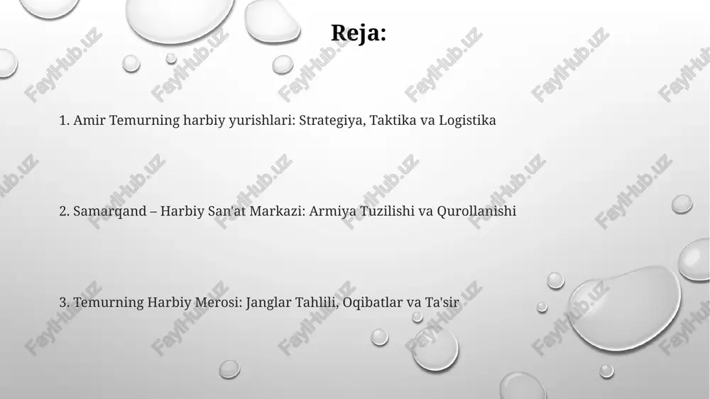 qo'llanmalarini ishlab chiqargan, jangovar tayyorgarlik va strategik rejalashtirishga yordam beradigan muhim harbiy bilimlar markaziga aylandi. amir temurning jang san'ati qarashlari va taktik innovatsiyalari amir temur jang san'atida psixologik urushga katta ahamiyat bergan, dushman qo'shinlarida qo'rquv va vahima uyg'otish uchun soxta chekinishlar va shov-shuvli namoyishlardan foydalangan. temurning taktik innovatsiyalaridan biri qo'shinlarni bir necha qismlarga bo'lish va ularni muvofiqlashtirish edi, bu unga dushmanni qamalda ushlab turish va qanotlardan hujum qilish imkonini bergan. temur qo'shinlarining tezkorligi va harakatchanligi uchun katta ahamiyat bergan, otliq qo'shinlardan unumli foydalanish va logistika tizimini yaxshilash orqali qo'shinlarning uzoq masofalarga tez yetib borishini ta'minlagan. g'alabalarning oqibatlari va harbiy merosi temurning harbiy merosi strategik va taktik innovatsiyalarni o'z ichiga oladi, masalan, harakatlanuvchi artilleriyadan foydalanish va qo'shinlarni samarali boshqarish usullari. temurning g'alabalari imperiyaning boyliklarini oshirib, samarqandni 14-15-asrlarda iqtisodiy va madaniy markazga aylantirdi, savdo yo'llari nazoratini ta'minladi. temurning zabtlari natijasida ko'plab shaharlar vayron qilingan va millionlab odamlar halok bo'lgan, bu esa mintaqaning …