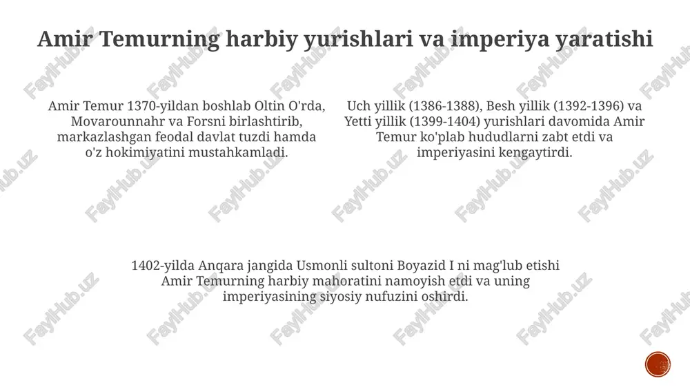 ot sohalarida muhim yutuqlarga erishilishiga turtki bo'ldi. uning buyrug'i bilan turli xil madaniyatlarning o'zaro ta'siri natijasida 15-asrda monumental arxitektura va tasviriy san'atning yangi uslublari paydo bo'ldi. shaharsozlik va arxitektura temur shaharlarni obodonlashtirishga e'tibor qaratdi, suv ta'minoti tizimlarini yaxshiladi, bozorlar qurdi va 1404-yilda yakunlangan ko'k saroy kabi ulkan saroylarni barpo etdi. amir temur samarqandni dunyoning eng go'zal shaharlaridan biriga aylantirish uchun katta loyihalarni moliyalashtirdi, jumladan, 1399-yilda boshlangan bibixonim masjidi qurilishi. shaharsozlikda me'moriy uslublarni birlashtirdi, turli xil zabt etilgan hududlardan hunarmandlarni olib kelib, ularning tajribasini 15-asr arxitekturasiga singdirdi. diplomatik aloqalar va xorijiy siyosat temur yevropa davlatlari, jumladan, fransiya va angliya bilan elchilar almashgan holda diplomatik aloqalar o'rnatdi, chunki ular usmoniylarga qarshi potentsial ittifoqchilar edi. amir temur 1398 yilda dehli sultonligiga qarshi muvaffaqiyatli yurish qilib, hindiston yarim orolida o'zining siyosiy ta'sirini o'rnatdi hamda boy o'ljalar bilan samarqandga qaytdi. temurning mamluklar bilan bo'lgan diplomatik aloqalari misr va suriyaning savdo yo'llarini nazorat qilish uchun muhim …