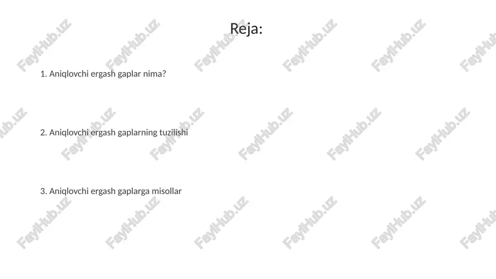ulaydi. aniqlovchi ergash gaplarning vazifasi aniqlovchi ergash gaplar ot, olmosh yoki otlashgan so'z turkumlariga aniqlik kiritadi, ularning ma'nosini to'ldirib, 2-darajali bo'lak vazifasini bajaradi. ular gapda aniqlanayotgan so'zga bog'lanib, uning belgisini, xususiyatini yoki qanday ekanligini ochib beradi hamda gapning 3-shaxs tomonidan tushunilishini osonlashtiradi. aniqlovchi ergash gaplarning turlari (izohlovchi va chegaralovchi) chegaralovchi aniqlovchi ergash gaplar otning ma’nosini chegaralaydi, muhim ma’lumot beradi, vergul bilan ajratilmaydi, misol uchun, 'o'qigan kitobim meni o'ylantirdi'. izohlovchi aniqlovchi ergash gaplar qoʻshimcha ma’lumot beradi, gapning asosiy mazmunini oʻzgartirmaydi, vergul bilan ajratiladi, masalan, 'men ko'rgan film, 'titanik', juda ta'sirli edi'. izohlovchi aniqlovchi ergash gaplar: misollar izohlovchi aniqlovchi ergash gaplar, misol uchun, 'men o'sha kitobni o'qidim, unda 20-asr adabiyoti haqida yozilgan', bunda 'unda...yozilgan' asosiy gapni aniqlab turibdi. bu turdagi gaplarda ergash gap asosiy gapdagi so'zni izohlaydi, masalan, 'u shunday qaror qabul qildi, bu uning hayotini 180 gradusga o'zgartirib yubordi'. chegaralovchi aniqlovchi ergash gaplar otni aniqlab, uning ma'nosini chegaralaydi. masalan, 'men ko'rgan …