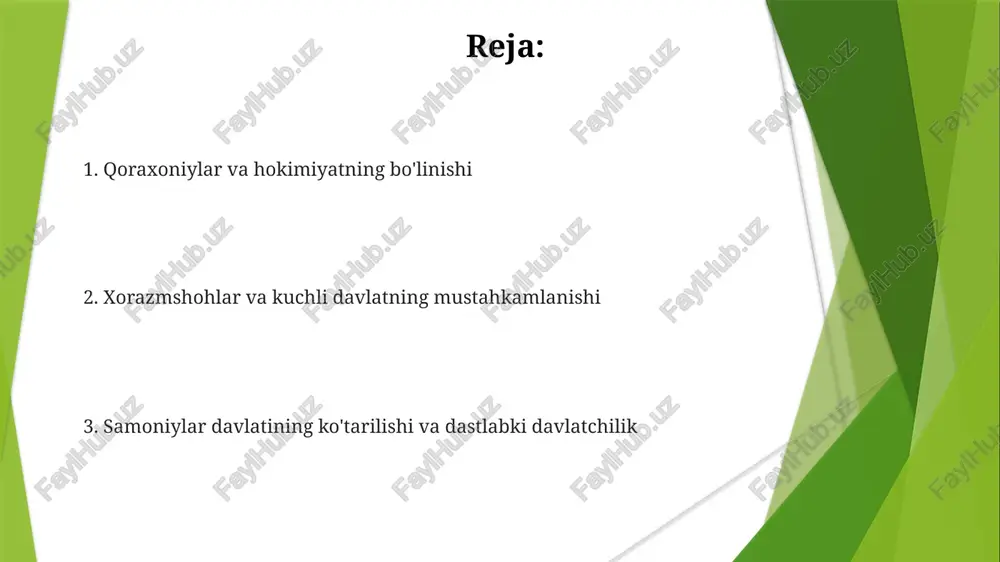 i mustahkamlash orqali ta’sir ko‘rsatdi. ularning ma’muriy tuzilmalari keyingi sulolalarga soliq yig‘ish va boshqaruv usullarini o‘rgatib, ta’sir ko‘rsatdi din rivojlanishi va oʻzaro taʼsiri movarounnahrda islomgachagi e’tiqodlar islom bilan sinxrez bo‘lib ketdi; manicheylik, zardushtiylik va buddizm ta’sirlari saqlanib qoldi, mahalliy so‘fiy amaliyotlariga va xalq taqvosiga ta’sir ko‘rsatdi. dastlab tangrichi bo‘lgan qoraxoniylar (840-1212) islomni qabul qilib, siyosiy manzarani o‘zgartirdi va dinlararo munosabatlarni yanada shakllantirdi xorazmshohlar sulolasi (1077-1231) movarounnahrning katta qismini nazorat qilib, dastlab turli dinlarga bag'rikeng bo'lgan, ammo keyinchalik mo'g'ullar istilosidan aziyat chekkan 9-13-asrlar movarounnahrda samarqandiylar sulolasi (819-999)ning ko'tarilishi, sunniy islom va sufizmni targ'ib qilishi; buxoro va samarqand yirik markazlarga aylanib, al-biruniy va ibn sino kabi olimlarni jalb qildi gʻaznaviylar: fatḥ va mustahkamlash gʻaznaviylar davrida movarounnahr hokimiyati beqaror edi. samarqand va buxoro kabi muhim shaharlar barqarorlik va farovonlik davrlarini ichki nizolar va tashqi tahdidlar bilan birga boshdan kechirdi gʻaznaviylar davlati maʼmuriy islohotlar, turli hududlarda (jumladan, gʻayri-musulmonlardan jizya soliqlari) soliq tizimlarini joriy qilish …