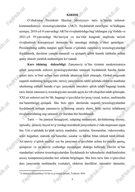 ‘llaridan biri hisoblanadi. tarix — bu jamiyat taraqqiyoti, xalqning madaniyati, davlatlarning siyosiy, iqtisodiy, ijtimoiy hayoti to‘g‘risidagi murakkab jarayonlarni o‘zida mujassam etgan fan. uni o‘qitishda ko‘plab tarixiy manbalar, xaritalar, fotosuratlar, videoxronika, arxiv hujjatlari, statistik ma’lumotlar, sanalar va faktlar bilan ishlash talab etiladi. an’anaviy o‘qitish usullari esa bu jarayonni o‘quvchilar uchun ko‘pincha quruq, qiziqarsiz va an’anaviy yodlashga asoslangan shaklga keltiradi. davlat ta’lim standartlari axborot texnologiyalaridan foydalanish ko‘nikmalarini shakllantirishni asosiy kompetensiyalardan biri sifatida belgilagan. shu bois tarix fani o‘qituvchisi dars jarayonida multimedia vositalari, elektron darsliklar, interaktiv dasturlar, videoma’ruzalar, xaritalar, onlayn arxivlar, virtual muzeylar va boshqa raqamli resurslardan foydalanishni bilishi lozim. bu jarayon ta’lim sifatini oshiribgina qolmay, o‘quvchilarning mustaqil izlanish, mantiqiy tahlil qilish, solishtirish, tarixiy materiallarga tanqidiy yondashish kabi fikrlash ko‘nikmalarini mustahkamlaydi. umuman olganda, tarix ta’limida axborot texnologiyalaridan foydalanish mavzusining dolzarbligi quyidagi omillar bilan belgilanadi: 1. ta’lim tizimining raqamlashtirilishi va raqamli kompetensiya talablarining kuchayishi. 2. o‘quvchilarning vizual va interaktiv ta’limga qiziqishi ortayotganligi. 3. tarixiy …