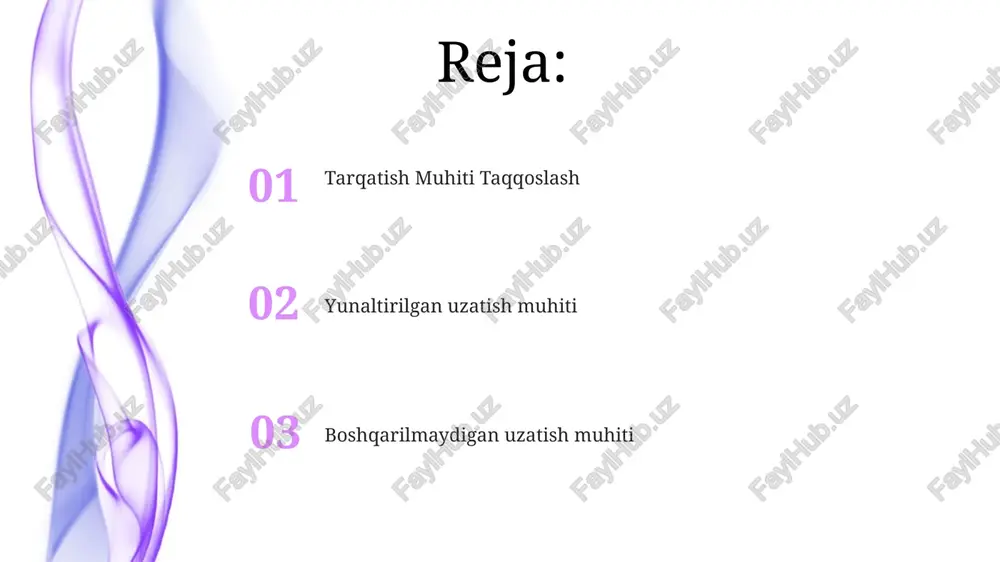 b ma'lumot uzatishadi tarmoq topologiyalari yulduz topologiyasi: markaziy hub/switch barcha tugunlarni ulash; yuqori masshtablanuvchanlik, tezliklar juda farq qiladi (1 gbps - 400 gbps ethernet, turli xil tolali variantlar); avtobusga nisbatan xato bardoshligi yaxshilangan; lan, wanlarda ishlatiladi (masalan, korporativ tarmoqlar, internet provayder tarmoqlari). avtobus topologiyasi: barcha tugunlarni bitta kabel (orqa tomon) ulashadi; miqyosi cheklangan, tezligi har xil (10 mbps - 1 gbps ethernet, 100 mbps tolali); to'qnashuv sohasi; kichik tarmoqlar (masalan, uy tarmoqlari) uchun mos. radioto'lqinlar optik tolali kabellar (ma'lumotlarni yorug'lik impulslar orqali uzatadi); o'tkazuvchanlik radioga nisbatan ancha yuqori (gbps-tbps); internet magistrali va yuqori tezlikdagi tarmoqlarda keng qo'llaniladi; bir modali tolalar uzoq masofalar va yuqori o'tkazuvchanlikni ta'minlaydi; yo'qotish tolalar turi va to'lqin uzunligiga bog'liq radio to'lqinlar (3 khz – 300 ghz), ma'lumot uzatish uchun muhim; am (530-1710 khz), fm (88-108 mhz), global miqyosda qo'llaniladi; tarqalish chastota va atmosfera sharoitlariga bog'liq, masofa va signal kuchiga ta'sir qiladi sun'iy yo'ldosh aloqasi (mikroto'lqinli radio …