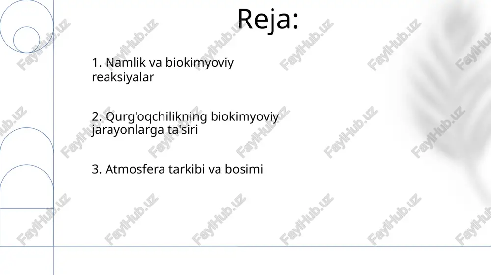 ga (masalan, tsikllonlarda past bosim) bog'liq qurg'oqchilik (masalan, chang'i cho'l, sahel) suv ta'minotini kamaytirib, o'simlik fotosintezini (c3, c4 o'simliklar turlicha ta'sirlanadi) va ferment faolligini buzadi 5. atmosfera bosimi va uning o'zgarishlari qurg'oqchilik (masalan, 2011-2012 yillardagi texas qurg'oqchiligi) suv ta'minotini kamaytirib, transpiratsiya (o'simlikning suv yo'qotishi) va fotosintezga – muhim biokimyoviy jarayonlarga ta'sir qiladi. atmosfera bosimining o'zgarishi (masalan, cho'llardagi yuqori bosimli sistemalar) yog'ingarchilik rejimlariga ta'sir qilib, qurg'oqchilikni kuchaytiradi atmosfera bosimi tizimlari (masalan, sibir antitsikloni) mintaqaviy ob-havo sharoitlarini boshqaradi, butun dunyo bo'ylab yog'ingarchilik miqdori va qurg'oqchilik chastotasiga ta'sir qiladi atmosfera tarkibi (masalan, issiqxona gazlari) va bosimi suv aylanishining bosqichlariga (bugʻlanish, kondensatsiya, yogʻin, toʻplanish) sezilarli taʼsir koʻrsatadi. bosim oʻzgarishi tufayli yogʻinlarning kamayishi qurgʻoqchilikka olib keladi 6. suv aylanishi va qurg'oqchilik yer atmosferasi taxminan 78% azot (n₂), 21% kislorod (o₂), 0.9% argon (ar) va karbonat angidrid (co₂) kabi iz gazlardan iborat bo'lib, bosimga (dengiz sathida 1013.25 hpa) ta'sir ko'rsatadi va butun dunyo bo'ylab ob-havo sharoitlariga, …