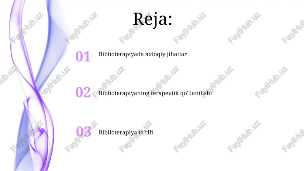 oshdi. tanlov jarayoni kitob terapiyasi: mijozning yoshiga (masalan, maktabgacha yoshdagilar uchun "juda och tırtıl", o'smirlar uchun "mo''jiza"), ehtiyojlariga (xavotir, qayg'u) va o'qish darajasiga (masalan, 10 yoshli chikagodagi bemor) mos 2-5 kitob ehtiyotkorlik bilan tanlanadi biblioterapiya bosqichlari: 3-6 ta mashg'ulot (masalan, nyu-yorkdagi klinikada haftalik uchrashuvlar) holat tahlillari 37 ta tadqiqot (1852 ishtirokchi) natijalarini tahlil qilish turli mamlakatlardagi (aqsh, kanada, avstraliya) har xil guruhlardagi (adhd li bolalar, depressiyali kattalar, qayg'uli keksalar) odamlarda biblioterapiyaning ruhiy salomatlikka o'rtacha ijobiy ta'sirini (d=0.52) ko'rsatdi. london, buyuk britaniyadagi 20 (12 ayol, 8 erkak) qochqin orasida travma tiklanishini o'rganish (rivoyat terapiyasi va tanlangan travma-markazlashtirilgan adabiyotlar yordamida). yarim tuzilgan suhbatlarning sifat tahlili 8 haftalik seanslardan so'ng ishtirokchilarning 75 foizida o'z-o'zini samaradorlik va moslashuv mexanizmlarining oshganini ko'rsatdi. qo'shimcha manbalar va adabiyotlar qo'shimcha o'qishda nazariy asoslar (masalan, psixodinamik, gumanistik yondashuvlar), 21-asr davolash amaliyotlarida turli janrlarning (masalan, badiiy adabiyot, she'riyat, o'z-o'zini yordam berish) ta'sirini o'rganadi biblioterapiya: resurslar va qo'shimcha o'qishlar ko'plab kitoblarni …