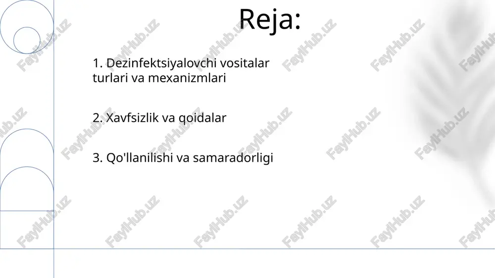 eritmalari, 0.5%-5% konsentratsiyada) turli joylarda (suv havzalari, suv tozalash inshootlari, oziq-ovqat qayta ishlash korxonalari) sirtlarni dezinfektsiya qilishda keng qo'llaniladi va bakteriyalar, viruslar (norovirus jumladan) va zamburug'larga qarshi keng spektrli ta'sir ko'rsatadi tozalovchi vosita sifatida (masalan, benzalkoniy xlorid, alkildimetilbenzilammoniy xlorid) kvaterner ammoniy birikmalari turli joylarda (maktablar, restoranlar, sanoat korxonalari) qattiq sirtlarni dezinfeksiya qilishda qo‘llaniladi. har xil formulalar bakteriyalar, ba’zi zamburug‘lar va qobiqli viruslarga qarshi turli darajada antibakterial ta’sir ko‘rsatadi 60-90% li konsentratsiyali spirtlar (masalan, etanol, izopropanol) gripp va oiv kabi qobiqchaga ega viruslarni samarali zararsizlantiradi va sog'liqni saqlash muassasalarida (kasalxonalar, klinikalar) hamda uy sharoitida (uylar, ofislar) ko'plab patogenlarga qarshi ta'sir ko'rsatadi. 3. dezinfektsiyalovchi vositalar turlari sirt xossalari (masalan, betonning gözenekliligi va silliq zanglamaydigan po'latdan farqi) dezinfektsiyalovchi vositalarning ushlab turilishi va singishiga ta'sir qiladi. qattiq suv (yuqori mineral tarkibiga ega) ba'zi dezinfektsiyalovchi vositalar (masalan, xlorga asoslanganlar) bilan reaksiyaga kirishi mumkin dezinfektant turi (masalan, to'rtlamchi ammiyak birikmalari, spirtlar [70% izopropil spirti], xlor dioksidi) …