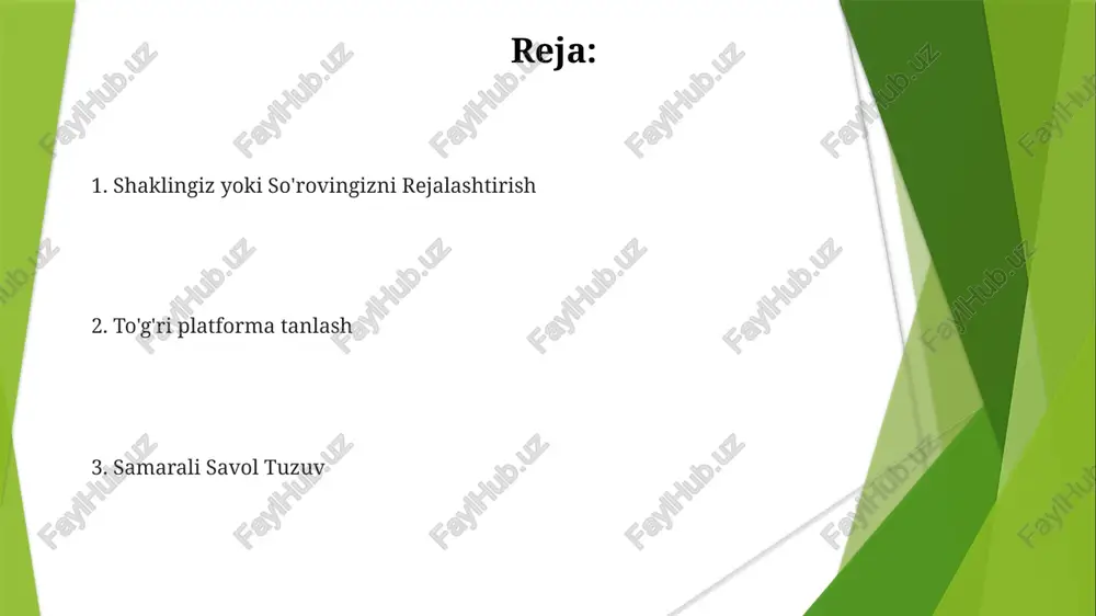 ardan qochish) talab qiladi ma'lumotlarni yig'ish va tahlil qilish so'rovnoma va shakl dizayni (masalan, liker shkalalari, ko'p tanlovli savollar, ochiq matnli maydonlar) ma'lumotlar sifatiga ta'sir qiladi. oldindan tekshirish (masalan, chikagoda n=20 ishtirokchi bilan sinovdan o'tkazish) noaniqliklarni aniqlaydi va tushunarliligini yaxshilaydi to'plangan ma'lumotlarga (csv, excel) spss, r kabi dasturlar yordamida tavsiflovchi statistika (o'rtacha, standart og'ish), xulosaviy statistika (t-test, anova) va vizualizatsiya (ustun diagrammalar, tarqalish diagrammalar) qo'llanilib tahlil qilinadi hisobot va vizualizatsiya so'rovnoma tarqatish elektron pochta (mailchimp, constant contact) orqali shakllarni yuborish, ularni veb-saytlarga joylashtirish yoki ijtimoiy tarmoqlarda (facebook, twitter) havolalarni ulashishni o'z ichiga oladi. javoblarni kuzatish ishtirok darajasi va bajarish vaqtlarini nazorat qiladi so'rovnomalar typeform, google forms yoki surveymonkey platformalarida yaratildi. demografiya (yoshi, daromadi, manzili) bo'yicha maqsadli guruhlarni o'z ichiga oladi. savol turlari: ko'p tanlovli, reyting shkalalari (likert shkalalari), ochiq matnli maydonlar va foydalanuvchi javoblariga asoslangan tarmoqlash mantig'i ma'lumotlarni turli manbalardan (masalan, sql bazalar, csv fayllar, apilar) tableau, power bi yoki …