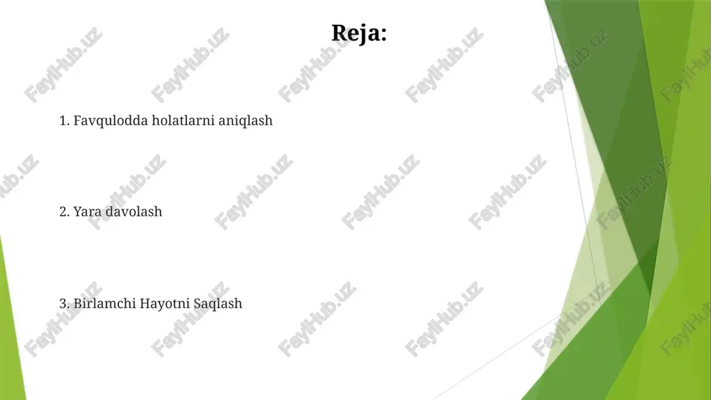 tibbiy yordamlarni (vaqt, joy, davolash) hujjatlashtiring. allergiya yoki tibbiy tarixni (masalan, penitsillin allergiyasi) qayd eting. qon ketishni to'xtatish qon ketayotgan yara ustiga toza mato bilan 5-10 daqiqa davomida qattiq bosim o'tkazing, agar mumkin bo'lsa, jarohatlangan oyoq-qo'lni yurakdan yuqori ko'taring. son yoki qo'l kabi joylarda kuchli qon ketishda bosim bog'ichni (masalan, isroil bog'ichi) ishlatishni o'ylab ko'ring hayot uchun xavfli qon ketishda (faqatgina) jgut qo'yish: jgut faqat oyoq-qo'llardan kuchli qon ketishda, aniqrog'i to'g'ridan-to'g'ri bosim bilan to'xtatilmaydigan arterial qon ketishda oxirgi chora sifatida qo'llanishi kerak. yaraning 5-7 sm yuqorisiga qo'ying, qon to'xtaguncha torting favqulodda vaziyatlarni aniqlash hayot uchun xavfli favqulodda holatlarni (masalan, yurak to'xtashi, oyoq-qo'llardagi 5 sm dan katta jarohatdan kuchli qon ketishi, hushsiz holat) aniqlashda aqshda 911/tez tibbiy yordam xizmatiga yoki boshqa mamlakatlardagi ekvivalent xizmatlarga darhol murojaat qilish kerak qon ketishga birinchi yordam: jarohatdan yuqori bosim (kamida 10 daqiqa), agar mumkin bo'lsa, jarohatlangan oyoq-qo'lni ko'tarish va steril bog'lov (masalan, ko'pgina birinchi yordam …