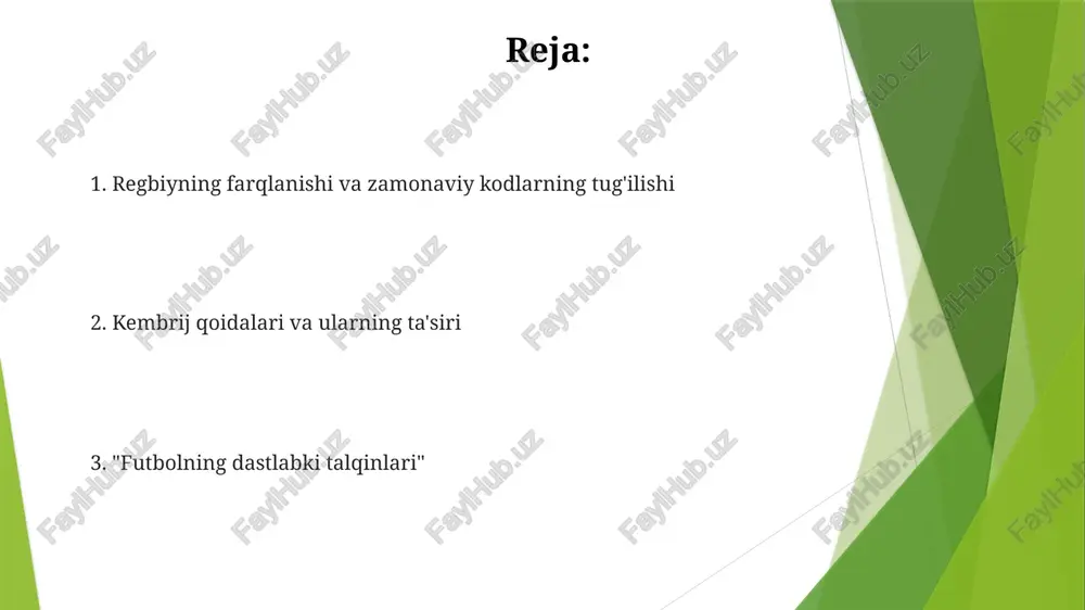 o uchrashuv sifatida qaraladi. dastlabki davrlarda davlatlararo qoidalar farqi muammolar tug'dirgan sheffild qoidalari futbol assotsiatsiyasi (fa) qoidalari (1863): sheffild qoidalari va boshqa mintaqaviy kodekslarga to'g'ridan-to'g'ri javob, to'pni ko'tarib yurishni taqiqladi, 11 futbolchidan iborat jamoalarni o'rnatdi, ofsayd qoidasini rasmiylashtirdi, londonga asoslangan, buyuk britaniya bo'ylab standartlashtirilgan qoidalar tarqalishiga ta'sir ko'rsatdi. sheffild qoidalari (1858): birinchi rasmiy futbol qoidalari, har bir jamoada 20 o'yinchi, sheffild futbol klubi, ikki 15 daqiqalik bo'lim, darvozabonlardan tashqari qo'l bilan o'ynashga ruxsat berilgan, yiqitish va to'siq qo'yish jazolangan. futbolning dastlabki shakllari o'rta asr angliyasi (xii-xiv asrlar): xalq futboli; tartibsiz, zo'ravon, ko'pincha qishloqlar bo'ylab shaharlar o'rtasidagi o'yinlar; rasmiy qoidalar deyarli yo'q; to'pni tepish, ko'tarish va to'xtatish cheklovlari kam edi; minglab odamlar ishtirok etishi mumkin edi; zo'ravonlik tufayli vaqti-vaqti bilan taqiqlangan. qadimgi gretsiya (miloddan avvalgi vii asr): qoidasi kam, zo'ravon va tartibsiz o'yin bo'lgan episkiros; to'rtburchak maydonda cheksiz o'yinchilardan iborat 2 ta jamoa o'ynagan; maqsad to'pni chiziq orqali o'tkazish edi. hujjatlashtirilgan …