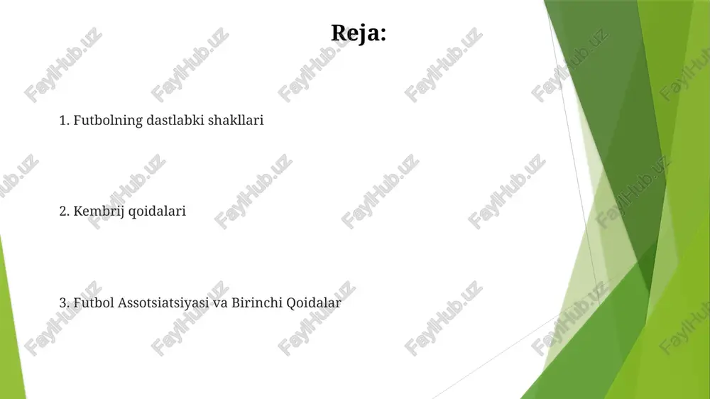 'u bergan qoidalar to'plamini yaratdi, bu assotsiatsiya futboli (futbol) uchun asos bo'ldi. bu qoidalar keyinchalik futbol assotsiatsiyasi tomonidan standartlashtirilgan qoidalar uchun asos bo'ldi. 18-19-asrlar davomida angliya maktablarida futbol qoidalari juda xilma-xil edi; ragbi, eton va harrow o'ziga xos tizimlarga ega bo'lib, kodifikatsiyadan oldingi turli qoidalarga hissa qo'shdi. bu o'yinlar ko'pincha ko'plab o'yinchilarni va kam cheklovlarni o'z ichiga olgan. sheffild qoidalari kembrij qoidalari (1848): sheffilddan avvalroq, kembrij universitetida qo'llanilgan, kam rasmiylashtirilgan qoidalar. katta farqlar bor edi; raqibning oyoqlarini tepish ("hacking")ga ruxsat berilgan. to'pni ushlash cheklangan, ko'proq ko'tarib yurish va driblingga urg'u berilgan. sheffild qoidalari (1858): birinchi rasmiylashtirilgan futbol qoidalari, sheffild futbol klubida paydo bo'lgan, to'p bilan yugurishga urg'u bergan, darvozalar yaqinidagi to'qnashuvlardan tashqari qo'l bilan o'ynashga ruxsat berilgan. ikki 11 kishilik jamoa; gollar to'pni darvoza ustunlari orasiga joylashtirish orqali urilgan. amerikan futboli tug'ilishi 1873: birinchi rasmiy qoidalar; yale, harvard, kolumbiya, prinston; to'qnashuv chiziqlari, hujumlar va zarbalar kiritildi. zarba ustun edi. 1869: …