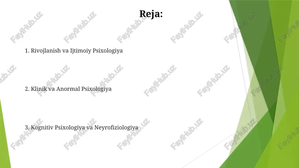 sharoit va geografik joylashuvga (qishloq va shahar) ega aholi orasida yurak-qon tomir kasalliklari xavfini kamaytirishda stressni boshqarish texnikalari (diqqatlilik, boʻshashish) samaradorligini oʻrganadi klinik psixologiya, xavotir (masalan, umumlashgan xavotir buzilishi) va depressiyani davolashda keng qo'llaniladigan kognitiv-xulq terapiyasi (kxt) kabi ko'plab yo'nalishlarni o'z ichiga oladi maktab psixologiyasi shaxsiyat psixologiyasi biologik psixologiya (fmrida amigdala faoliyatining qo'rquv bilan bog'liqligi), kognitiv psixologiya (e'tibor va xotira modellari shaxsga ta'siri) va ijtimoiy psixologiya (ijtimoiy vaziyatlarning turli madaniy kontekstlarda (aqsh va sharqiy osiyodagi individualizm va kollektivizm) shaxs ifodasiga ta'siri). ijobiy psixologiya sanoat-tashkiliy psixologiya biologik psixologiya neyropsixologiya: miya tasvirlash (fmri, eeg) hipokampus va amigdala kabi sohalarda kognitiv funksiyalar (xotira, eʼtibor, til)ning neyron korrelyatlarini aniqlaydi; insult kasallaridagi leziya tadqiqotlari funksiyaning lokalizatsiyasini koʻrsatadi; 30 yildan ortiq tadqiqotlar motor korteksi kabi sohalarda shikastlanishdan keyin miyaning plastisitasini tasdiqlaydi. sifatli psixologiya evolyutsion psixologiya maslahat psixologiyasi hozirgi tadqiqotlarda sifatli (masalan, intervyularning tematik tahlili) va miqdoriy (masalan, so'rovnomalar yordamida korrelyatsion tadqiqotlar) usullar qo'llanilmoqda xulq-atv neurosciencesi psixofarmakologiya …