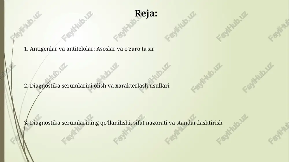 chida antitelolar bilan bog'langan rangli zarrachalar yordamida antigenlarni aniqlashga asoslangan, ko'pincha homiladorlik testlarida qo'llaniladi. elisa (enzyme-linked immunosorbent assay) antitelolar yoki antigenlarni aniqlash va miqdorini aniqlash uchun fermentlar bilan bog'langan antitelolardan foydalanadi, diagnostikada yuqori sezuvchanlikni ta'minlaydi. diagnostika serumlarining spetsifikligi, sezgirligi va qo'llanilishi diagnostika serumlarining spetsifikligi antitelolarning faqat ma'lum antigentlar bilan bog'lanish qobiliyatini anglatadi, 95% spetsifiklik esa kamida 95 ta antitelaning 100 tadan maqsadga bog'lanishini ko'rsatadi. sezgirlik diagnostika serumining kasallikni aniqlash qobiliyatini ifodalaydi; 90% sezgirlikka ega test kasal bo'lgan 100 kishidan 90 tasini to'g'ri aniqlaydi, bu juda muhim ko'rsatkichdir. diagnostika serumlarini saqlash, ishlatish qoidalari va sifat nazorati diagnostika serumlarini 2°c dan 8°c gacha boʻlgan haroratda saqlash kerak, muzlatishdan saqlanish kerak, chunki muzlash antitelolar faolligini yoʻqotishi mumkin, natijada notoʻgʻri natijalarga olib keladi. diagnostika serumlarini ishlatishda, serumning yaroqlilik muddatini tekshirish muhim, shuningdek, kontaminatsiyani oldini olish uchun steril sharoitlarda ishlash lozim, ayniqsa, 100 mkl hajmda foydalanilganda. diagnostika serumlaridan klinik diagnostikada foydalanish diagnostika serumlari infektsion kasalliklarni …