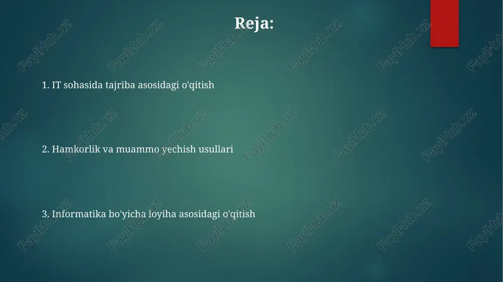 ssroom) 20 dan ortiq talabalar darsdan oldin oldindan yozib olingan ma'ruzalardan (masalan, python dasturlash bo'yicha video darsliklar, coursera/edx orqali kiberxavfsizlik protokollari) foydalanadilar informatika ta'limining o'yinlashtirilishi axborot texnologiyalarida muvaffaqiyatli gamifikatsiya o'yin mexanizmlarini o'quv maqsadlariga moslashtirishni (masalan, ma'lum dasturlash tilida to'g'ri kod sintaksisiga ball berish tizimi) talab qiladi o'yinlashtirish (gamifikatsiya) informatika mashgʻulotlariga qiziqishni oshiradi (masalan, kaliforniya universiteti, berklida kodlash musobaqalarida ishtirok 75% ga oshgan) it sohasida tajriba orqali o'rganish axborot texnologiyalari ta'limi maxsus kiberxavfsizlik laboratoriyasida 25 dan ortiq tarmoq xavfsizlik hodisalari simulyatsiyasini o'z ichiga oladi. pedagogik yondashuvlarga o'yinlashtirilgan o'qitish (cyber range), aralash o'qitish (onlayn va oflayn) va 12 dan ortiq guruh topshiriqlari bo'yicha tengdoshlararo o'rganish kiradi axborot texnologiyalari o'qitishda silicon valley va global kompaniyalarning 30 dan ortiq amaliy holatlaridan foydalaniladi. usullar orasida muammoga asoslangan o'qitish (pbl), teskari darslar va loyihaga asoslangan o'qitish (pbl) 8 dan ortiq modulda qo'llaniladi it sohasida tajriba asosidagi o'qitish londonning texnologiya markazlarida haqiqiy vaziyatlarni simulyatsiya qiluvchi 20 dan …