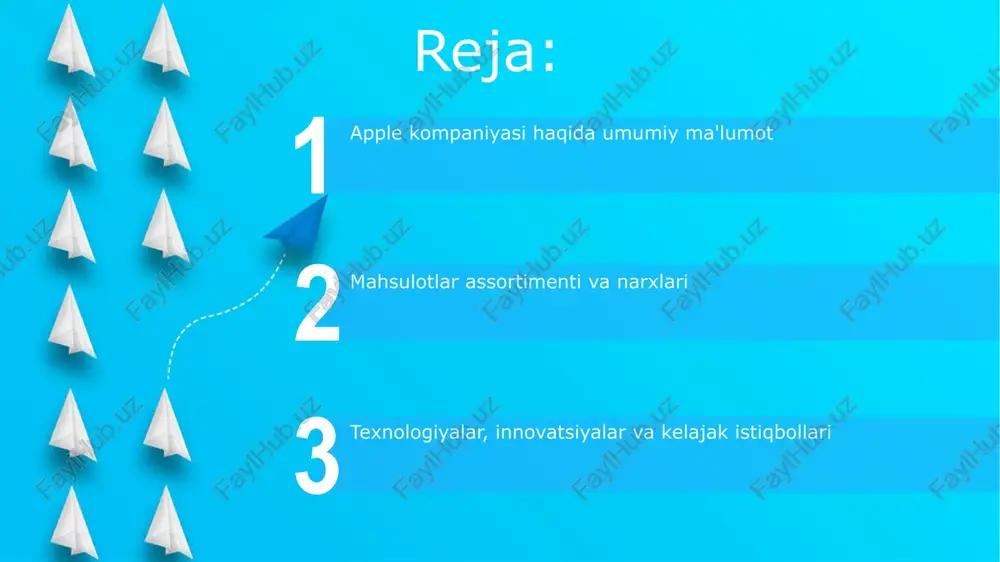 larini boshqalardan ajratib turadi. ular uchun mijozlar tajribasi muhim. apple sotish kanallari onlayn do'kon, chakana savdo do'konlari va uchinchi tomon sotuvchilarni o'z ichiga oladi. apple o'zining chakana savdo do'konlariga katta sarmoya kiritadi, chunki bu joylar mahsulotlar bilan bevosita tanishishga imkon beradi. moliyaviy ko'rsatkichlar va raqobatchilar start apple kompaniyasining yalpi foyda marjasi odatda 40% dan yuqori bo'ladi, bu raqobatchilarning aksariyatidan yuqori, bu ularning premium brendi va narxlash qudratini aks ettiradi. samsung kompaniyasining mobil telefon bozoridagi ulushi apple'nikidan yuqori, ammo apple har bir qurilmadan ko'proq foyda ko'radi, bu uning yuqori narx siyosati bilan bog'liq. kelajak istiqbollari va ijtimoiy mas'uliyat apple kompaniyasi 2030-yilga qadar o'z ta'minot zanjiri va mahsulotlarida uglerod neytralligiga erishishni maqsad qilgan, bu iqlim o'zgarishiga qarshi kurashda muhim qadamdir. kelajakda apple ar/vr texnologiyalari sohasida innovatsiyalarni davom ettiradi, masalan, 2025-yilga mo'ljallangan yangi avlod arzonroq va qulayroq ar ko'zoynaklari kutilmoqda. e'tiboringiz uchun rahmat image5.jpg image6.jpg image7.jpg image8.jpg image9.jpg image10.jpg image1.jpeg image2.jpeg image3.jpeg image4.jpeg