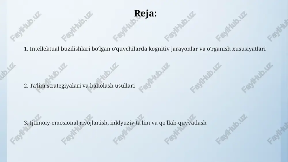 langanligi va grammatik tuzilmalarni shakllantirishda qiyinchiliklar tufayli zaiflashadi. muammolarni hal qilish va ijroiya funktsiyalari intellektual buzilishlari bo'lgan o'quvchilar muammolarni hal qilishda qiyinchiliklarga duch kelishadi, chunki ularning kognitiv jarayonlari, xususan, 2-darajali vazifalarni tahlil qilish sust rivojlangan. ijroiya funktsiyalari, masalan, rejalashtirish, tashkil etish va 3-darajali impulslarni nazorat qilish intellektual buzilishlari bo'lgan o'quvchilarda zaifroq bo'lishi mumkin, bu esa muvaffaqiyatli yechim topishni qiyinlashtiradi. adaptiv muammolarni hal qilish uchun ko'pincha 4-darajali qadamlarni (muammoni aniqlash, yechim topish, baholash) o'z ichiga oladi, lekin intellektual buzilishlari bo'lgan o'quvchilar har bir bosqichda qiyinchilik sezishadi. o'rganish uslublari va ta'lim strategiyalari takroriy mashqlar va amaliy faoliyatlar, masalan, 15-20 daqiqalik amaliyotlar, kognitiv yukni kamaytiradi va o'rganish qobiliyatini 60% ga oshiradi, ayniqsa, matematik ko'nikmalarni rivojlantirishda. ko'pchilik o'quvchilar vizual o'rganish uslubiga moslashadi, shuning uchun rasmlar, diagrammalar va 3d modellar orqali materialni taqdim etish 75% gacha samaradorlikni oshirishi mumkin. multisensorli ta'lim strategiyalari, ya'ni ko'rish, eshitish va tegish hissini birlashtirgan usullar xotirani 40% gacha yaxshilaydi va …