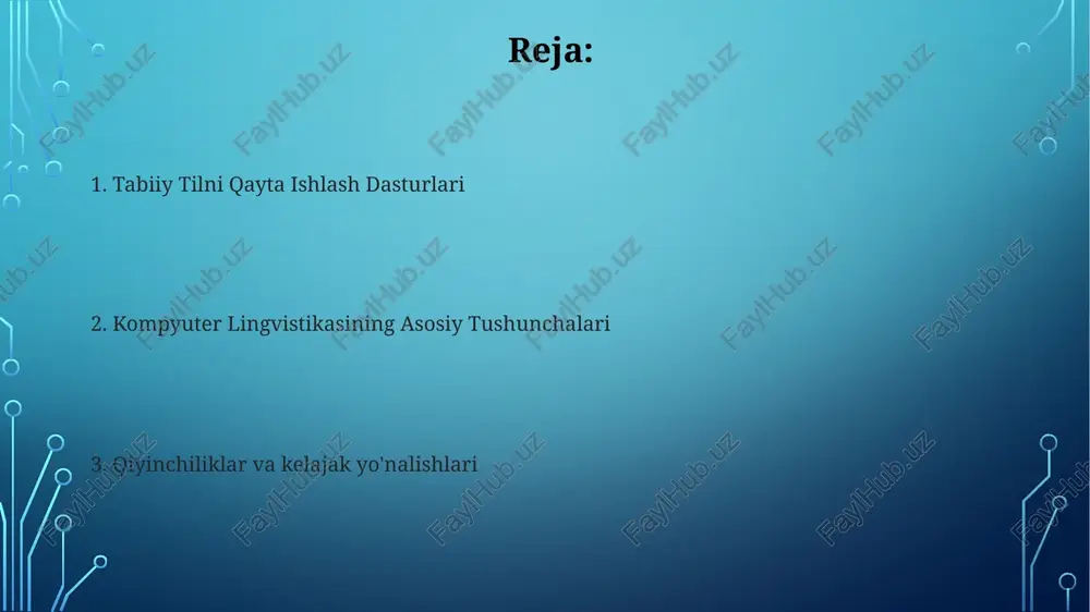 ent tahlilining aniqligi ishlatilayotgan nlp texnikalarining murakkabligiga juda bog'liq kompyuter lingvistikasi, nlpni o'z ichiga olgan holda, inson tilini tahlil qilish va tushunish uchun kompyuter fanlari va lingvistika usullaridan foydalanadi nutqni tan olish hisoblash lingvistikasi (n-gram, soʻz turkumlarini aniqlash) kabi statistik usullar va (qoʻllab-quvvatlovchi vektor mashinalari, rekursiv neyron tarmoqlar) kabi mashinaviy oʻrganish usullaridan foydalanib, tilni modellashtirish, mashina tarjimasida 300 milliard parametrli modellar (masalan, google translate) va sintaksis tahlili (stanford parser) kabi vazifalarni bajaradi. e'tiboringiz uchun rahmat @taqdimot_robot image3.jpg image4.jpg image5.jpg image6.jpg image7.jpg image8.jpg image9.jpg image2.png