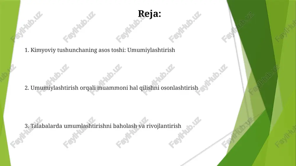 sh) ishlashini baholashni o'z ichiga oladi umumiylashtirishni baholash strategiyasi kimyo ta'limining samaradorligi yodlashdan ko'ra umumlashtirishga urg'u beradi umumiylashtirishni baholash bilimlarni yangi kontekstlarga o'tkazilishini o'rganishni talab qiladi umumiylashtirishning talaba tushunchasi uchun foydalari kimyo muammolarini yechish malakalarini (masalan, stoxiometriya, muvozanat hisob-kitoblari) turli kontekstlarda (masalan, suvli eritmalardagi kislota-asos reaksiyalari, 0.1m hcl va 0.5m naoh ishtirokidagi laboratoriya tajribalarida har xil temperatura va bosimda gaz qonunlari) umumlashtirish yaxshilaydi umumiy tushunchalarni (masalan, le shatelye printsipi, reaksiya kinetikasi) qo'llash yangi vaziyatlarda bashorat qilish qobiliyatini yaxshilaydi va alohida reaksiyalarni yodlashga qaraganda chuqurroq tushunishni rivojlantiradi (masalan, haber-bosch jarayoniga bosim o'zgarishining ta'sirini tushunish) kimyoda umumlashtirish tushunchani chuqurlashtiradi, turli mavzulardagi (masalan, termodinamika va elektrokimyo) bog'lanishlarni asosiy printsiplarga (masalan, gibbs erkin energiyasi, redoks reaksiyalari) urg'u berish orqali osonlashtiradi abstrakt tushunchalarni haqiqiy hayotdagi qo'llanmalar bilan bog'lash umumiylashtirish orqali tanqidiy fikrlashni rivojlantirish kimyo bo'yicha umumlashtirish turli joylardagi (masalan, london, tokio, rio) 30 dan ortiq turli tajriba kuzatishini (masalan, 1-guruh metallarning suv bilan reaksiyasi) fundamental …