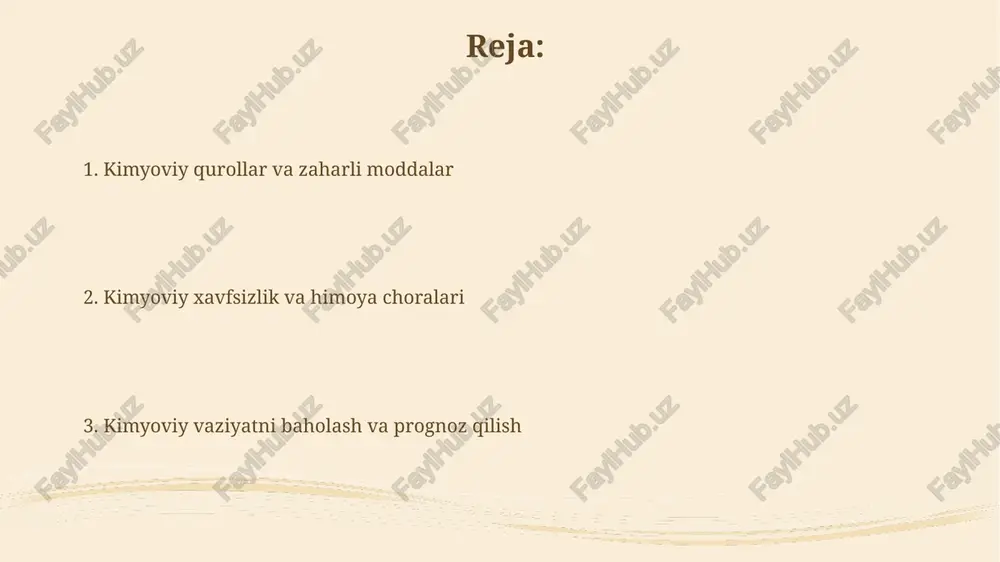ni bloklash yoki o'sish gormonlari muvozanatini buzish orqali ta'sir etadi. ba'zi gerbitsidlar, masalan, agent orange, dioxinlar kabi toksik aralashmalarni o'z ichiga olishi mumkin, bu esa uzoq muddatli salomatlik muammolarini keltirib chiqarishi va ekotizimga zarar yetkazishi mumkin. kimyoviy qurollarning ta'siri mexanizmlari nerv agentlari, masalan, sarin, atsetilxolinesteraza fermentini inhibe qiladi, bu esa asab impulslarining to'xtovsiz o'tkazilishiga olib keladi va mushaklarning falajlanishiga olib keladi. teri-pufak agentlari, masalan, iperit, dnkni alkillaydi, hujayralarning shikastlanishiga va pufakchalar hosil bo'lishiga olib keladi, ayniqsa tez bo'linadigan hujayralarga ta'sir qiladi. kimyoviy xavfsizlik choralari va himoya vositalari kimyoviy xavfsizlik choralariga doir muhim qadamlardan biri bu shaxsiy himoya vositalaridan, jumladan, gaz maskalari va himoya kostyumlaridan foydalanishni ta'minlashdir, bu terini 95% dan ko'proq himoya qiladi. zaharli moddalar ta'siridan himoya qilish uchun shelterlar va boshqa himoya tuzilmalarini 30 daqiqa ichida tayyorlash, ularning samaradorligini ta'minlash va aholining 80% ni xavfsiz saqlash muhim. dezaktivatsiya usullari dezaktivatsiyada 2%li ishqoriy eritmalar, masalan, natriy karbonat eritmasi keng qo'llaniladi, …
