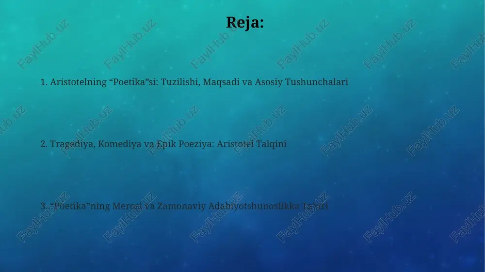 yaning 6 ta asosiy elementi bor: syujet (hikoya tuzilishi), xarakter, fikr, nutq, musiqa va tomosha. ulardan syujet eng muhimi deb hisoblanadi. komediya va epik poeziya: taqqoslash va farqlar epik poeziya ko'pincha qahramonona voqealarni tasvirlasa, komediya oddiy odamlarning kulgili 3 kunlik xatolarini aks ettirib, tomoshabinlarda tabassum uyg'otadi. komediya odatda 1 kun ichida sodir bo'ladigan voqealarga e'tibor qaratadi, epik poeziya esa o'nlab yillarni qamrab oluvchi, keng qamrovli 2 ta sayohatlarni hikoya qilishi mumkin. epik poeziyada xudolar va qahramonlar muhim rol o'ynaydi, komediyada esa 4-sinf o'quvchilari kabi past maqomdagi personajlar ustunlik qilib, kulgili vaziyatlarni yaratadi. 'poetika'ning asosiy elementlari: mif, syujet, xarakter va til tahlili syujet, harakatlar ketma-ketligi bo'lib, aristotel uni 'kompozitsiya' deb ataydi. uning 2 asosiy qismi bor: oddiy syujetda burilish yo'q, murakkab syujetda esa burilish bo'ladi. mif, poetika'da, syujet qurilishining asosi bo'lib, voqealarni birlashtiruvchi va 1 butunlikka keltiruvchi muhim element hisoblanadi, voqealarning sabab-oqibat bog'liqligini ta'minlaydi. xarakter, poetika'da, harakatlantiruvchi kuch bo'lib, ularning axloqiy …