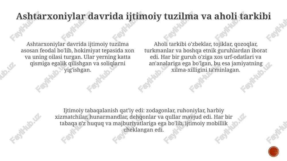 y osiyo bo'ylab karvon yo'llari orqali faol savdo qilingan. shaharlar va infratuzilma ashtarxoniylar davrida shaharlar, masalan, buxoro va samarqand, muhim savdo markazlari bo'lib, karvon yo'llari orqali sharq va g'arbni bog'lagan, bu esa iqtisodiy o'sishga yordam bergan. sug'orish tizimlari infratuzilmaning muhim qismi edi; kanallar va sardobalar qurilishi qishloq xo'jaligini rivojlantirishga, ayniqsa, asosiy ekin maydonlarini suv bilan ta'minlashga qaratilgan. shaharlarda karvonsaroylar savdogarlar uchun xizmat qilgan bo'lib, u yerda tovarlarni saqlash, almashish va xavfsizligini ta'minlash imkoniyati mavjud edi; bu esa savdo-sotiqni sezilarli darajada osonlashtirgan. soliqlar, pul muomalasi va yer egaligi pul muomalasida kumush tangalar keng tarqalgan bo'lib, har bir tanga o'z og'irligi va tarkibiga ko'ra qiymatga ega bo'lgan, ayrim hollarda esa oltin tangalar ham ishlatilgan. ashtarxoniylar davrida yer egaligi asosan davlat, xususiy va vaqf yerlariga bo'lingan, davlat yerlari soliqqa tortilar, xususiy yerlar esa meros bo'lib o'tar edi, vaqf yerlari esa xayriya maqsadlarida ishlatilgan. soliqlar asosan mahsulot shaklida (qishloq xo'jaligi mahsulotlari) yig'ilgan, lekin pul …