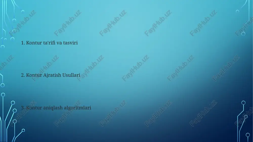 institutining hujayra membranalarini ko'rsatuvchi mikroskopik tasviri) alohida konturlarni aniqlash uchun bog'langan komponentlar analizini (4-bog'lanish yoki 8-bog'lanish) qo'llaydi kontur izlash moore-qo'shni izlash (8 qo'shnidan harakatlanish) kabi algoritmlar yordamida chegaraviy piksel koordinatalarini ketma-ket ajratib olib, kontur shaklini aniqlaydi konturga asoslangan obyektni aniqlash konturga asoslangan obyektni aniqlash 2d tasvir konturlaridan foydalanib, egrilik, uzunlik (masalan, 150 piksel) va zanjir kodlari kabi xususiyatlarni tahlil qiladi. bu turli sohalarda (masalan, kasalxonalardagi tibbiy tasvirlarni tahlil qilish, ford zavodlaridagi sanoat avtomatlashuvi) qo'llaniladi kontur ajratish texnikalari ko'pincha grafga asoslangan usullarni qo'llaydi, konturlarni tugunlar sifatida ifodalaydi va qo'shnilik matritsalari ulanishni ko'rsatadi qirra aniqlash usullari matlabning `bwboundaries` funksiyasi ikkilik tasvirda (masalan, otsu chegarasi usuli bilan ishlov berilgandan keyin) konturlarni aniqlaydi. u bog'langan komponentlarning chegaralarini kuzatib, (x,y) koordinatalarini chiqaradi suv havzasi segmentatsiyasi (markerlardan foydalanib) tasvirni suv yig'ish havzalariga bo'lib, bir-biriga tegib turgan ob'ektlarni ajratadi. marker bilan boshqariladigan suv havzasi mikroskopik tasvirda (2048x1024 piksel) boston laboratoriyasida (dapi bilan bo'yalgan) hujayralarni alohida sohalar sifatida …