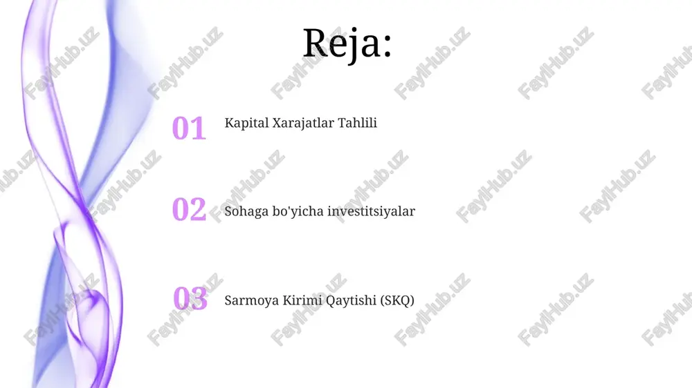 berxavfsizlik sohalarida yangi imkoniyatlarni faol izlamoqda ($300 million byudjet). sarmoya dorligi (sod) kompaniya x ning san-frantsisko'dagi yangi bosh idorasiga 5 million dollarlik investitsiyasining rentabelligi (roi) 2024-yil 3-choragigacha prognoz qilingan 15% dan oshib ketdi va 750 000 dollardan ortiq qo'shimcha daromad keltirdi. kaliforniyadagi bozor ulushi 5% ga oshdi. londondagi y kompaniyasining 2 million dollarlik ilmiy-tadqiqot ishlari 3 ta yangi patentga, yiliga 200 000 dollarga (+10%) yuqori litsenziya to'lovlariga va manchesterdagi ishlab chiqarish jarayonlarining 7% ga arzonlashishiga olib keldi. kapital xarajatlar kompaniya investitsiya faoliyati texasning austin shahridagi "solarbright" quyosh energiyasi kompaniyasiga 20 million dollarlik strategik investitsiyani (5 yilda 20% roi maqsadida) va berlin filialidagi sun'iy intellektga asoslangan yechimlarga qaratilgan tadqiqot va ishlab chiqarish loyihalariga 8 million dollar ajratishni o'z ichiga oladi. hindistonning bangalor shahrida joylashgan zavodning ishlab chiqarish quvvatini kengaytirish uchun 15 million dollar miqdorida katta kapital xarajatlar rejalashtirilgan bo'lib, bu 2025 yil iv choragigacha ishlab chiqarish hajmining 30% ga o'sishi va …