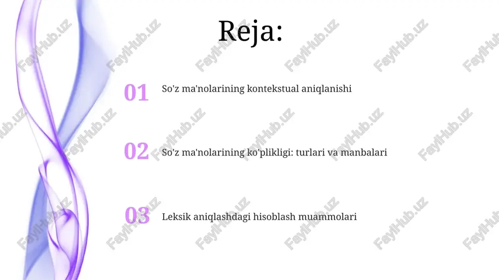 asi), kontekstga qarab turli ma'nolarni beradi. hisoblash lingvistikasi bu noaniqlikni wordnet kabi korpuslardan va lesk algoritmi yoki mashina o'rganish usullaridan foydalanib bartaraf qiladi. ma'no aniqlashtirish uchun kontekst muhim; so'zlarning birgalikdagi ishlatilishi (kollokatsiyalar, n-grammalar), sintaksis tuzilishi (so'z turkumlarini aniqlash, tahlil qilish) va kengroq diskurs (hujjat yoki suhbat) muhim ahamiyatga ega leksik noaniqlik manbalari so'z ma'nosi noaniqligi polisemiya (bir so'zning bir nechta bog'liq ma'nolarga ega bo'lishi, masalan, "bank"—daryo bo'yi va moliyaviy bank) va omonimiya (bir xil yozuv/talaffuzga ega bo'lgan turli so'zlar, masalan, "bat"—uchuvchi sutemizuvchi va beysbol to'pi) sababli yuzaga keladi so'zlarning ko'p ma'noliligi (masalan, "yugur" - yugurmoq, yugurdi, yuguradi) cambridge universiteti imtihoni kontekstida "yorqin" so'zining ikki xil ma'nosi (yorqin nur - yuqori intensivlik va aqlli talaba - yuqori aql-idrok) kabi ko'p talqin qilinishi mumkin. ma'no aniqlash usullari juda muhim. kompyuter lingvistikasidagi noaniqlik e'tiboringiz uchun rahmat @taqdimot_robot image1.jpeg image2.jpeg image3.jpeg