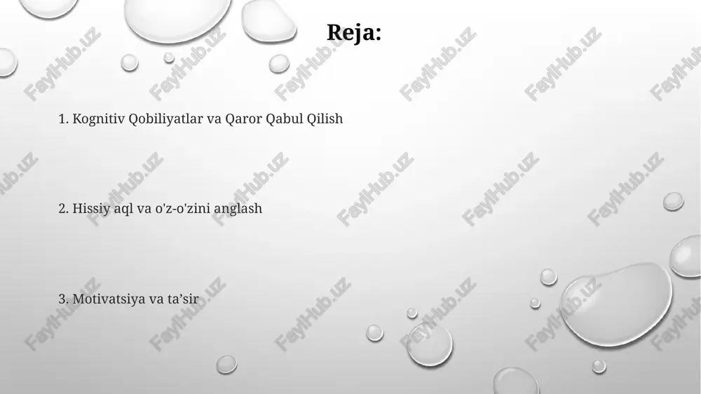 iqoti) ta'minlaydigan kognitiv murakkablikni (axborotni qayta ishlash nazariyasi orqali aniqlangan) talab qiladi samarali liderlik bilan bog'liq psixologik xususiyatlar: emotsional intellekt (o'zini anglash, o'zini boshqarish, ijtimoiy ko'nikmalar), empatiya, motivatsiya (ichki va tashqi), chidamlilik, moslashuvchanlik va qat'iyatlilik. ko'zga ko'ringan liderlar (masalan, abraham lincoln, stiven jobs) yuqori o'z-o'zini samaradorlikka (banduraning ijtimoiy-kognitiv nazariyasi), faol shaxsga (tadqiqotlar shuni ko'rsatadiki, muvaffaqiyat darajasi 20% yuqori), va transformatsion liderlik uslubiga (bass & riggio ning ko'p omilli liderlik so'rovnomasi) ega chidamlilik halollik qat'iyat qarorgoh rahbarlar psixologik jihatdan yuqori o'z-o'zini samaradorlikka (bandura, 1997) ega, stressni samarali boshqaradi (yuqori bosimli vaziyatlarda nasa boshqaruv markazida kortizol darajasi o'rtachadan past), ichki nazorat lokusini egallaydi (rotter, 1966 shkalasi sezilarli farqni ko'rsatadi). hissiy aql samarali liderlik uchun zarur psixologik xususiyatlar: ekstraversiya (jamoa samaradorligiga 20% ta'sir), vijdonlilik (loyihalarni 10% tezroq bajarish), tajribaga ochiqlik (texnologiya firmalarida innovatsiyani 15% oshirish) hamdardlik samarali liderlar oʻz-oʻzini anglash (shaxsiy kuchli va kuchsiz tomonlarini tushunish), oʻzini boshqarish (his-tuygʻularni boshqarish) va ijtimoiy koʻnikmalarga …