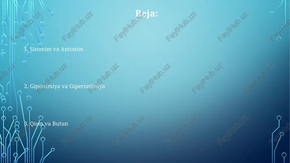 og'", "vodiy" kabi "yuqori", "past"), va giponimiyani ("it" zoologik tasnifda "sut emizuvchi" ning giponimi) o'z ichiga oladi. e'tiboringiz uchun rahmat @taqdimot_robot image1.png image2.png image3.png image4.png image5.png