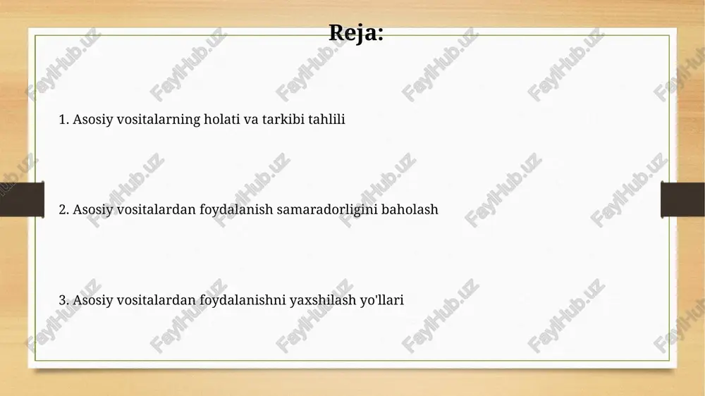 asosiy vositalardan foydalanish davriyligi ko'rsatkichi, asosiy vositalarning ishlab chiqarish jarayonida qancha vaqt ishtirok etishini ko'rsatadi, bu esa ularning samarali ish yuklamasini aniqlashga yordam beradi. asosiy vositalarning rentabelligi asosiy vositalar rentabelligi aktivlarning umumiy qiymatiga nisbatan foydaning foizini ko'rsatadi, odatda 10% dan yuqori ko'rsatkich investitsiyalarning samarali ekanligini anglatadi. asosiy vositalar rentabelligi ebit (foizlar va soliqlar to'lanmaguncha bo'lgan foyda) va asosiy vositalarning o'rtacha qiymati o'rtasidagi nisbat sifatida hisoblanadi, bu 15% bo'lishi mumkin. asosiy vositalardan foydalanishni yaxshilash yo'llari ishlab chiqarish quvvatidan 85% dan 95% gacha foydalanishni ta'minlash uchun uskunaning optimal yuklanishini rejalashtirish va texnik xizmat ko'rsatish jadvalini tuzish muhim ahamiyatga ega. asosiy vositalarni modernizatsiya qilish orqali ishlab chiqarish samaradorligini 15% dan 20% gacha oshirish, zamonaviy texnologiyalarni joriy etish va eskirgan uskunalarni yangilashga e'tibor qaratish zarur. investitsiyalarning samaradorligi tahlili investitsiyalarning samaradorligini baholashda sof hozirgi qiymat (npv) dan foydalanish loyihaning rentabelligini aniqlashda, ya'ni npv 0 dan yuqori bo'lsa, loyiha iqtisodiy jihatdan maqsadga muvofiq ekanligini ko'rsatadi. ichki …