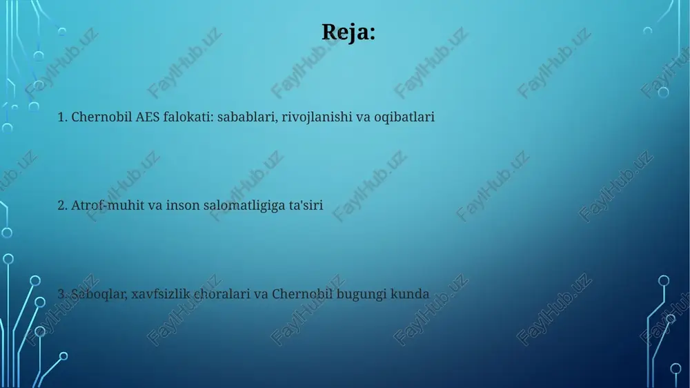 q odamni ko'chirishga majbur qildi va yashash joylari ifloslandi. "sarkofag" va yangi xavfsizlik qoplamasi (nsc) “sarkofag” 1986-yilda shoshilinch ravishda qurilgan boʻlib, 200 tonna beton va 7300 tonna metalldan iborat boʻlib, reaktordan radiatsiyaning tarqalishini kamaytirish uchun moʻljallangan edi. yangi xavfsizlik qoplamasi (nsc) 2016-yilda oʻrnatildi, u “sarkofag” ustiga oʻrnatilgan ulkan, harakatlanuvchi poʻlatdan yasalgan arka boʻlib, 100 yildan ortiq xizmat qilishi kutilmoqda. chernobil zonasi bugungi kunda: tiklanish va tadqiqotlar chernobil zonasida o'simliklar tiklanishi kuzatilmoqda, radiatsiyaga chidamli turlar ko'payib, o'rmonlarda yong'in xavfi yuqori bo'lib qolmoqda, tadqiqotlar radiatsiyaning ekotizimga ta'sirini o'rganadi. zona hayvonot dunyosi boyib bormoqda, jumladan, prjevalskiy otlari muvaffaqiyatli ko'paytirildi, tadqiqotchilar hayvonlarning radiatsiyaga moslashishini va genetik o'zgarishlarini o'rganishmoqda. saboqlar, xavfsizlik choralari va kelajak strategiyalari rbmk reaktorlarida ijobiy reaktivlik koeffitsientini nazorat qilish muhimligi ta'kidlandi, avtomatik himoya tizimlarining samaradorligini oshirish talab etildi. aes xavfsizligini oshirish uchun bir nechta himoya qatlamlariga (chuqur mudofaa) e'tibor qaratildi, xodimlarni tayyorlash va xavfsizlik madaniyatini rivojlantirish zarurligi belgilandi. e'tiboringiz uchun rahmat image3.jpg …
