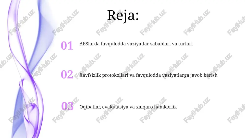 igan jiddiy hodisa hisoblanadi. eruv natijasida reaktordan radioaktiv moddalar ajralib chiqishi mumkin, bu atrof-muhitga sezilarli darajada ta'sir qilishi va odamlar salomatligiga xavf tug'dirishi mumkin. radiatsiya sizib chiqishi radiatsiya sizib chiqishi dozimetrlik nazorat natijalariga ko'ra, belgilangan me'yorlardan 10 msv dan ortiq bo'lgan taqdirda sodir bo'ladi, bu xodimlar va aholi uchun xavfli hisoblanadi. avariya holatlarida radioaktiv ifloslanish 30 km radiusda tarqalishi mumkin, bu esa zudlik bilan evakuatsiya va yod profilaktikasi choralarini ko'rishni talab qiladi. radiatsiya sizib chiqishi natijasida suv va tuproqning ifloslanishi, qishloq xo'jaligi mahsulotlarining iste'molga yaroqsiz holga kelishiga olib keladi va uzoq muddatli ekologik oqibatlarga sabab bo'ladi. yong'in va portlashlar portlashlar vodorodning to'planishi (odatda sovutish tizimining buzilishi bilan bog'liq) yoki kimyoviy reaktsiyalar natijasida yuzaga kelishi mumkin, bu esa binolarning vayron bo'lishiga va radiatsiya tarqalishiga olib keladi. yong'inlar elektr jihozlarining qisqa tutashuvi yoki moylash materiallarining oqishi natijasida yuzaga kelishi mumkin, bu esa reaktorning xavfsiz o'chirilishini buzishi mumkin bo'lgan 1-toifali xavfli holatlarni keltirib …