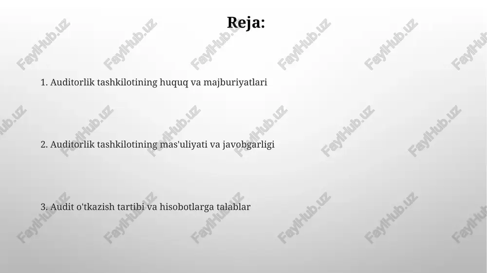 blar auditorlik hisobotida auditning maqsadi va ko'lami aniq ko'rsatilishi, xalqaro audit standartlariga muvofiqligi hamda moliyaviy hisobotlarning xolisligi to'g'risida fikr bildirilishi shart. audit hisobotida moliyaviy hisobotlardagi barcha muhim nuqsonlar, agar mavjud bo'lsa, aniq ko'rsatilishi va ularning sabablari tushuntirilishi kerak, 5-sonli standartga muvofiq. mijozlar bilan munosabatlar auditorlik tashkiloti mijozlar bilan professional munosabatlarni o'rnatadi, shartnoma tuzadi va audit jarayoni haqida aniq ma'lumot beradi, shu jumladan, auditning maqsadi va doirasi. munosabatlar davomida auditorlik tashkiloti mijozga audit natijalari, kamchiliklar va tavsiyalar bo'yicha hisobot beradi, shuningdek, mijozning savollariga javob berishga tayyor bo'lishi kerak. mustaqillik va xolislik auditorlik tashkiloti mustaqilligi, moliyaviy manfaatlar, shaxsiy aloqalar yoki boshqa ta'sirlardan xoli bo'lishni anglatadi, bu esa xolis fikr bildirish imkonini beradi. xolislik auditorlik jarayonida adolatli bo'lish, 100% dalillarga asoslanish va mijoz yoki boshqa manfaatdor tomonlarning bosimiga berilmaslik demakdir. maxfiylik auditorlik tashkilotlari mijozning moliyaviy holati va operatsiyalari haqidagi ma'lumotlarni 5 yil davomida sir saqlashi shart, bu qonun bilan belgilangan majburiyatdir. maxfiylik audit …