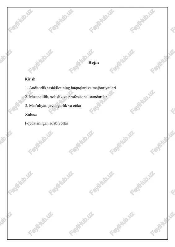 liq va cheklanmagan holda olish huquqiga ega. bu huquq, auditorga tekshiruvni sifatli va xolis o'tkazish, moliyaviy hisobotlarning ishonchliligi va qonuniyligi bo'yicha xulosa berish imkonini beradi. auditor, zarur hollarda, xojalik yurituvchi sub'ektning rahbarlaridan va xodimlaridan tushuntirishlar, qo'shimcha ma'lumotlar va hujjatlar talab qilish huquqiga ham ega. bundan tashqari, auditorlik tashkiloti, o'z vakolat doirasida, bank operatsiyalarini tekshirish, pul mablag'lari va mol-mulkning mavjudligini tasdiqlash uchun banklardan va boshqa moliyaviy muassasalardan ma'lumot so'rash huquqiga ega. bu, ayniqsa, katta hajmdagi operatsiyalar yoki murakkab moliyaviy tuzilmalarga ega bo'lgan xojalik yurituvchi sub'ektlarining auditini o'tkazishda muhimdir. auditorlik tashkiloti tomonidan olingan barcha ma'lumotlar konfidensial hisoblanadi va faqat audit maqsadlarida ishlatilishi kerak. 📈 auditorlik tashkilotining moliyaviy hisobotlar va ma'lumotlarni tekshirish huquqi hajmi (2019-2023) ushbu chart auditorlik tashkilotining moliyaviy hisobotlar va ma'lumotlarni tekshirish huquqi hajmining yillik o'zgarishini ko'rsatadi. auditorlik tekshiruvini o'tkazish majburiyatlari auditorlik tashkiloti auditorlik tekshiruvini o'z vaqtida, sifatli va o'zbekiston respublikasi qonunchiligi talablariga muvofiq o'tkazishga majbur. bu majburiyat, audit jarayonining barcha …
